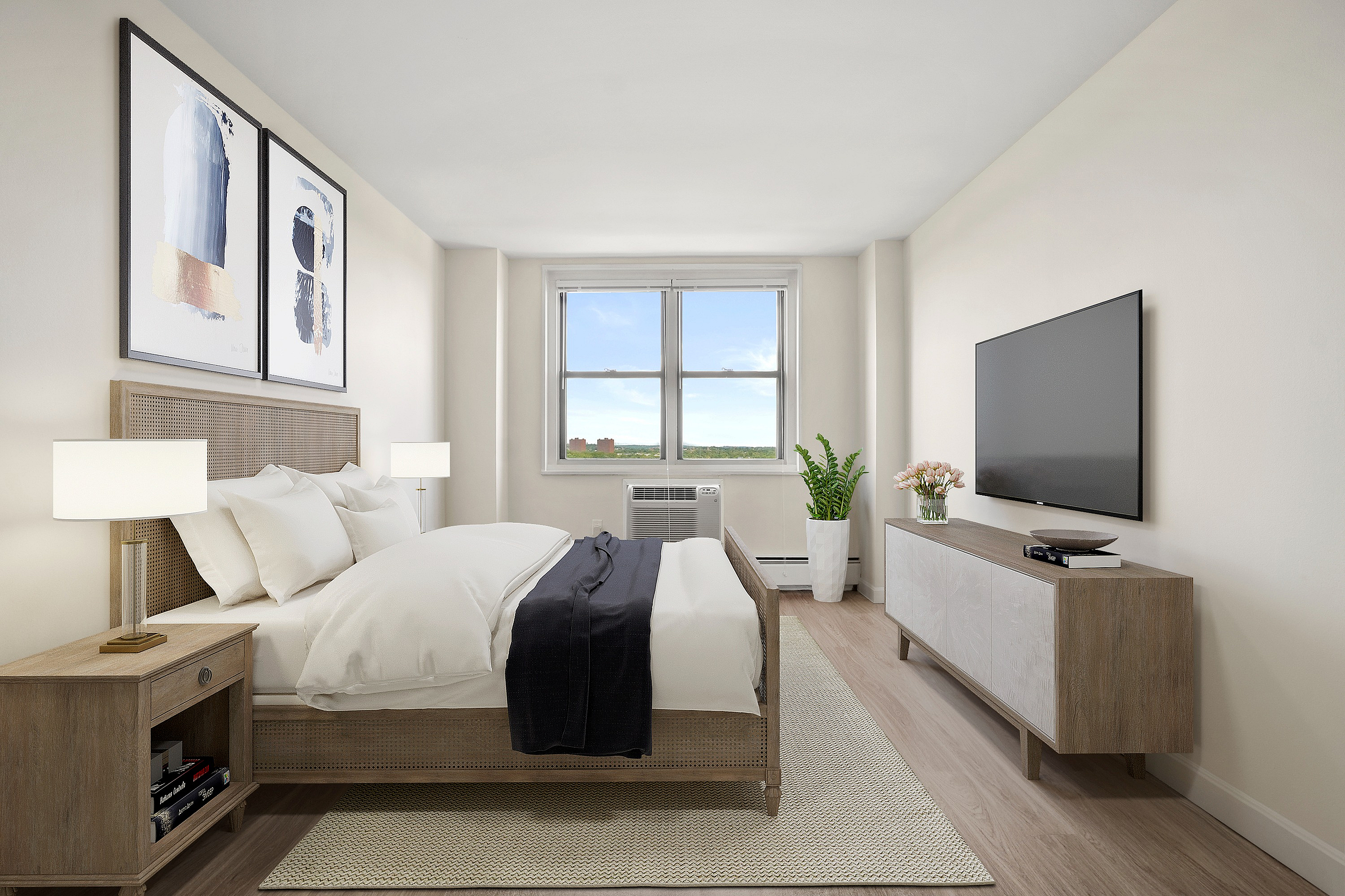 Bright and inviting bedroom with a large window view, elegant wooden furniture, and contemporary decor, perfect for a cozy retreat.