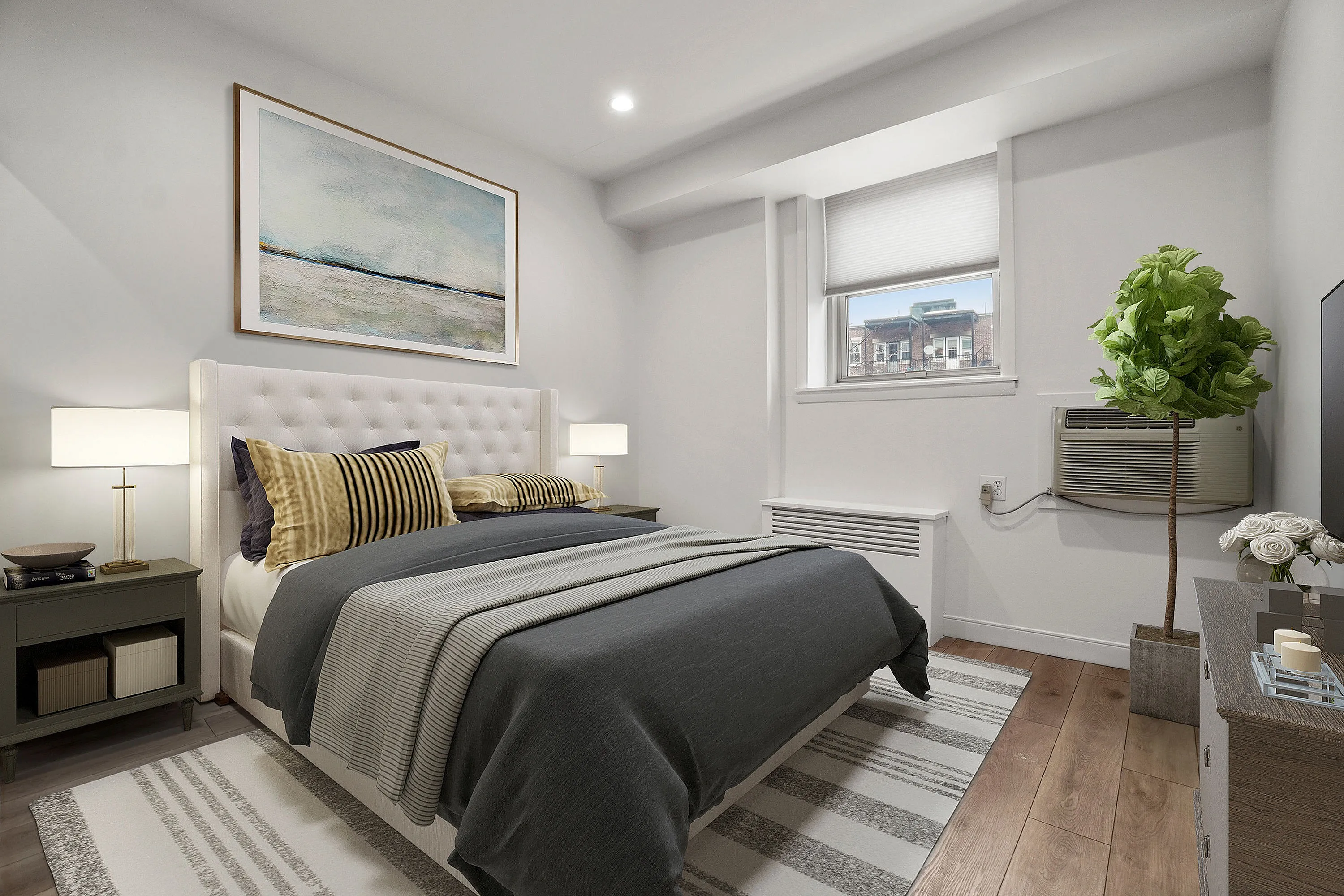 Bright and inviting bedroom with a plush bed, elegant decor, and a window view. Features modern artwork and ambient lighting.