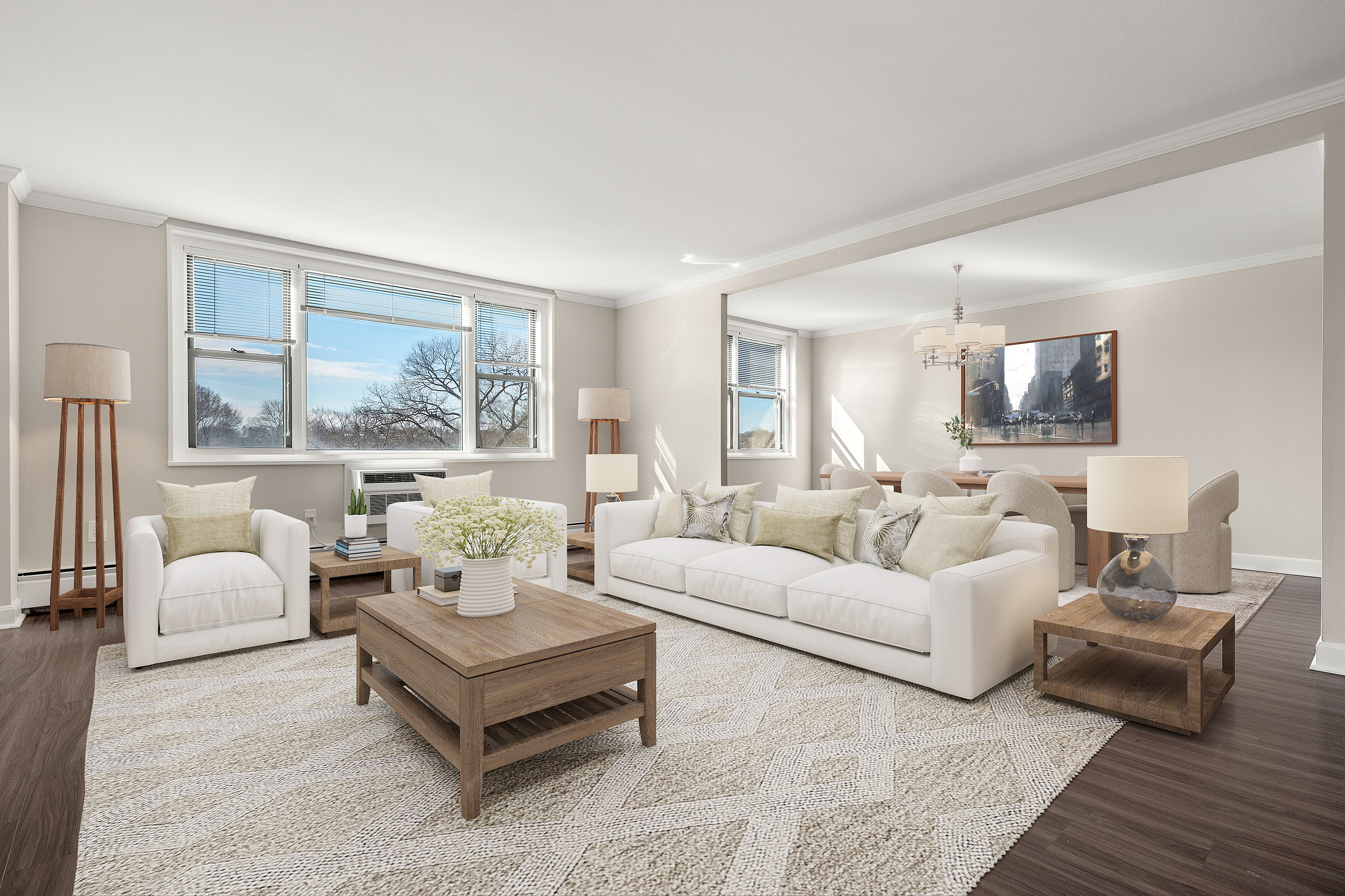 Inviting living and dining area with elegant decor, featuring large windows, plush seating, and abundant natural light.