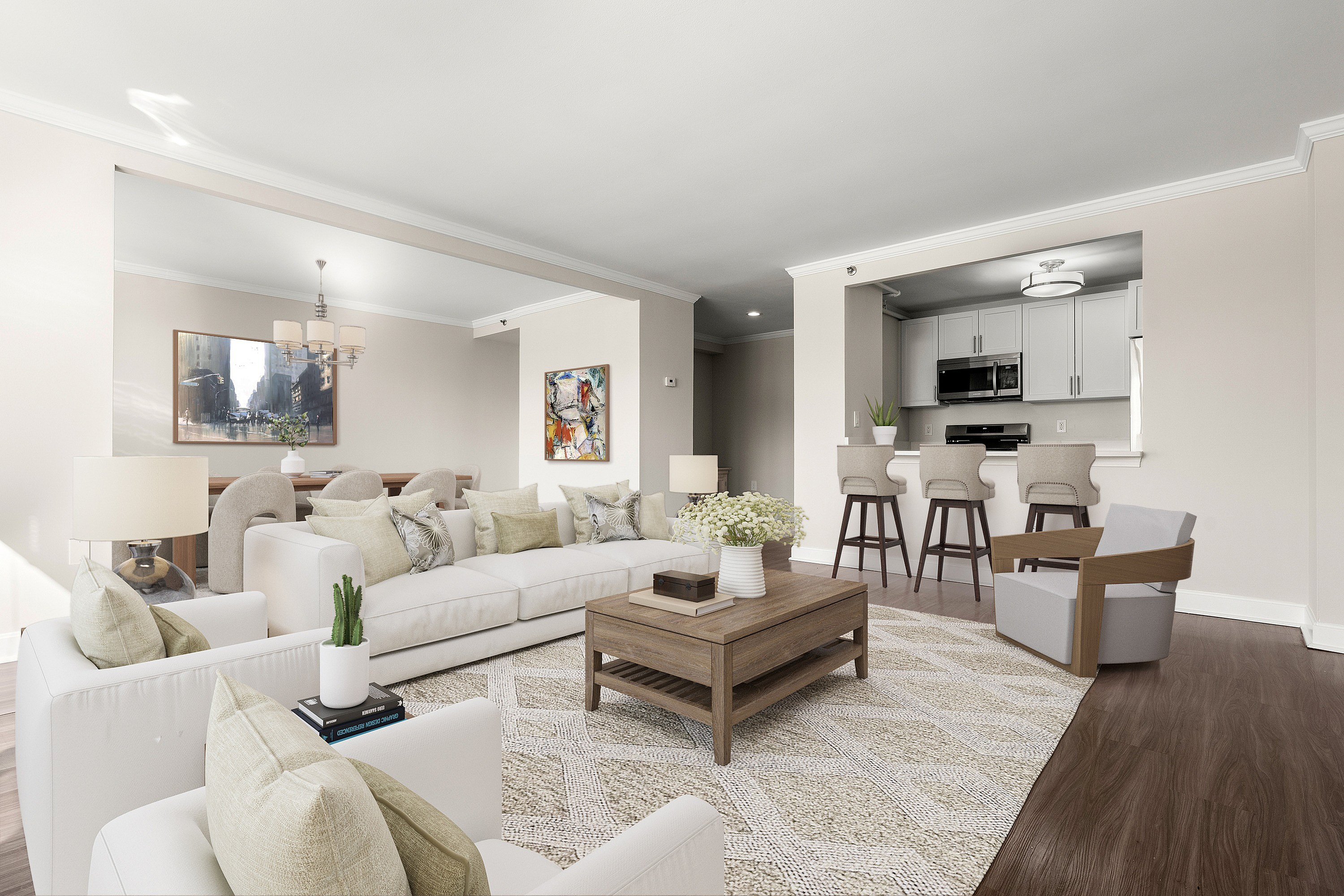 Elegant living space featuring a cozy sectional sofa, stylish dining area, and a modern open kitchen with bar seating.