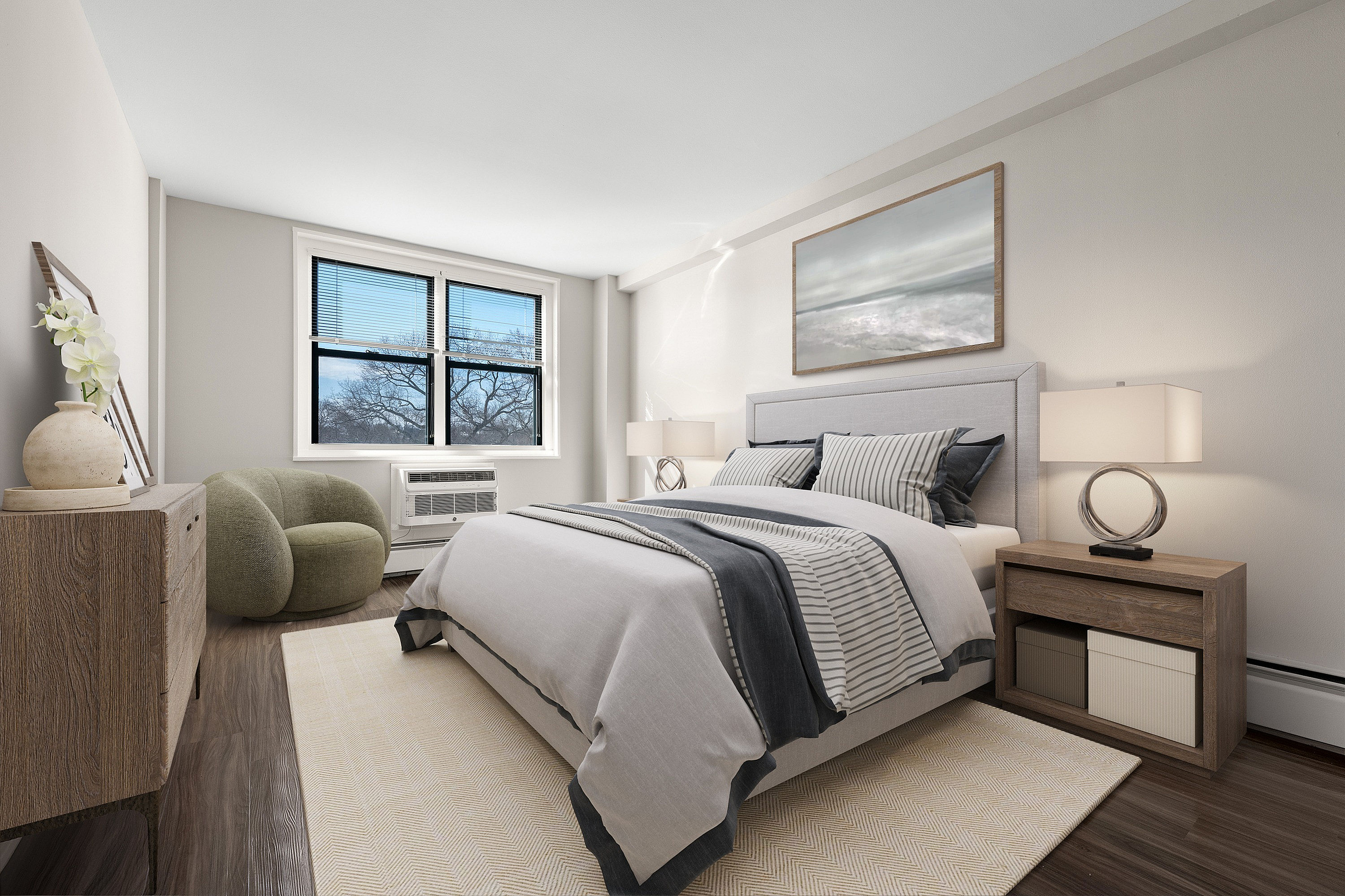 Elegant bedroom with a modern design, featuring a cozy bed, stylish furniture, and a bright window view.