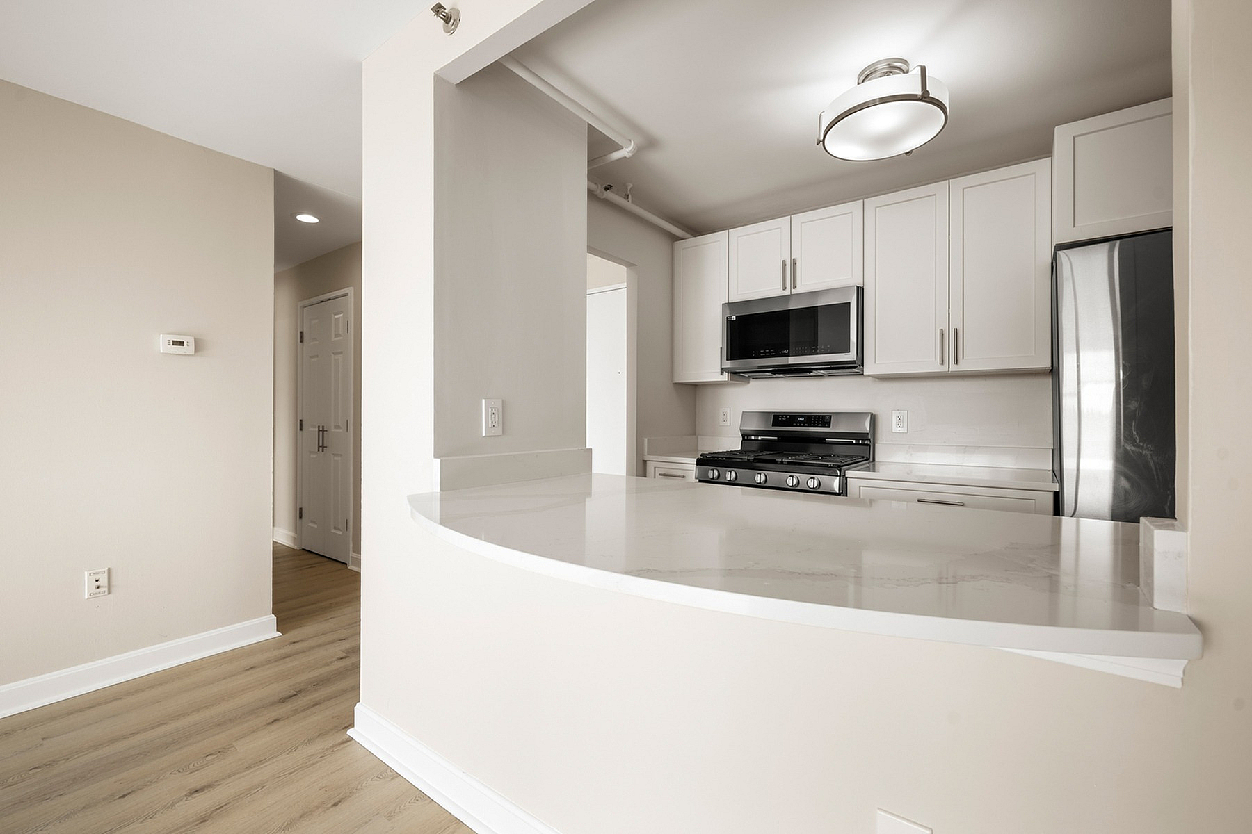 Modern kitchen with sleek white cabinets, stainless steel appliances, and a quartz countertop for a sophisticated look.