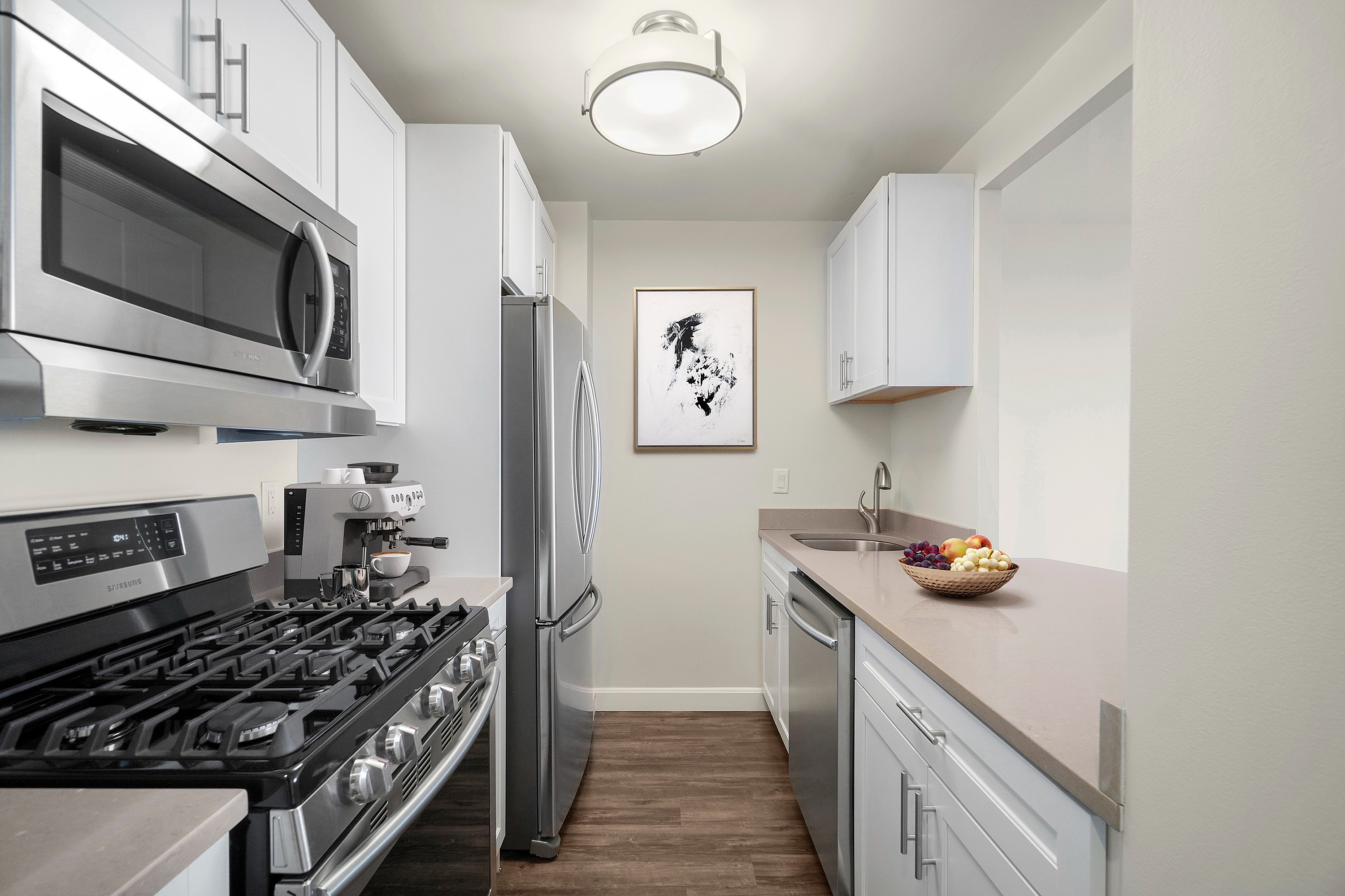 Modern kitchen with sleek stainless steel appliances, elegant cabinetry, and a cozy atmosphere.