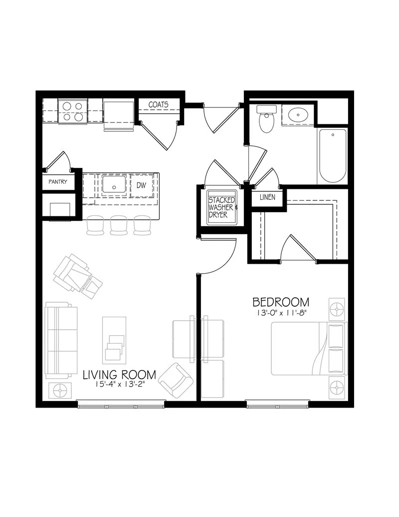 Modern floor plan showcasing 1 bedroom, spacious living room, and sleek kitchen with breakfast bar.