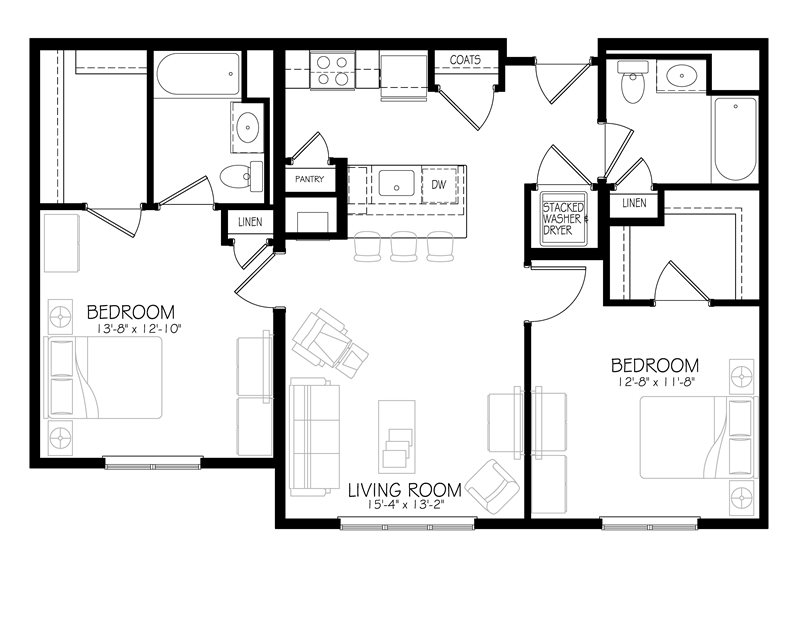 Modern 2-bedroom floor plan showcasing a spacious living room, open kitchen with island, two bathrooms, and convenient laundry area.