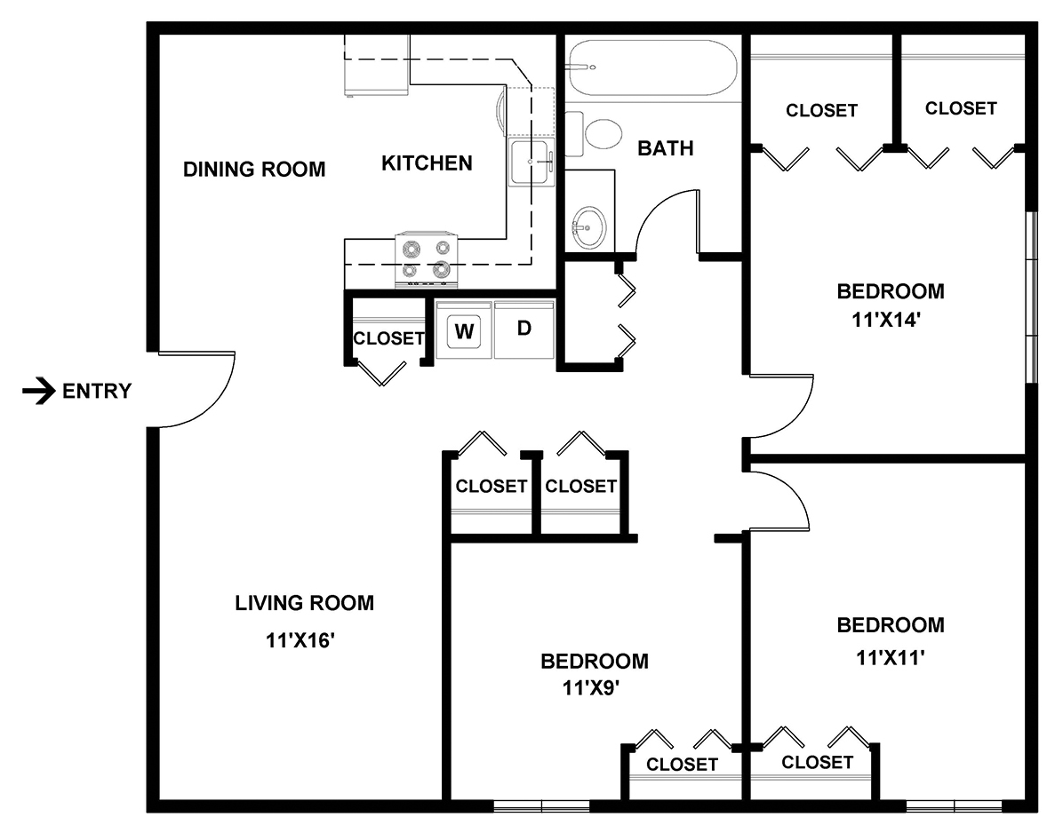 Inviting floor plan showcasing a spacious 3-bedroom layout, featuring an open living area, practical kitchen, and dining space with ample closet storage.