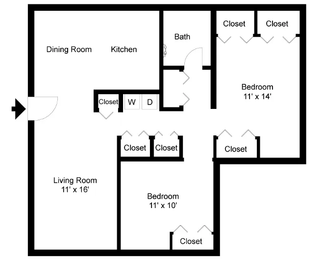 Elegant floor plan with a spacious living room, 2 cozy bedrooms, a functional kitchen, and multiple closets for ample storage.
