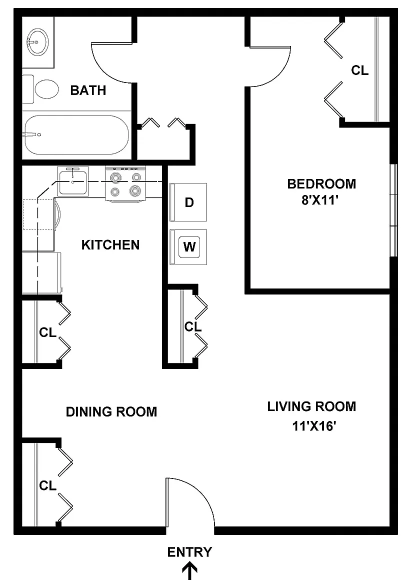 Inviting floor plan showcasing a cozy 8'x11' bedroom, spacious 11'x16' living room, modern kitchen, and an elegant dining area.