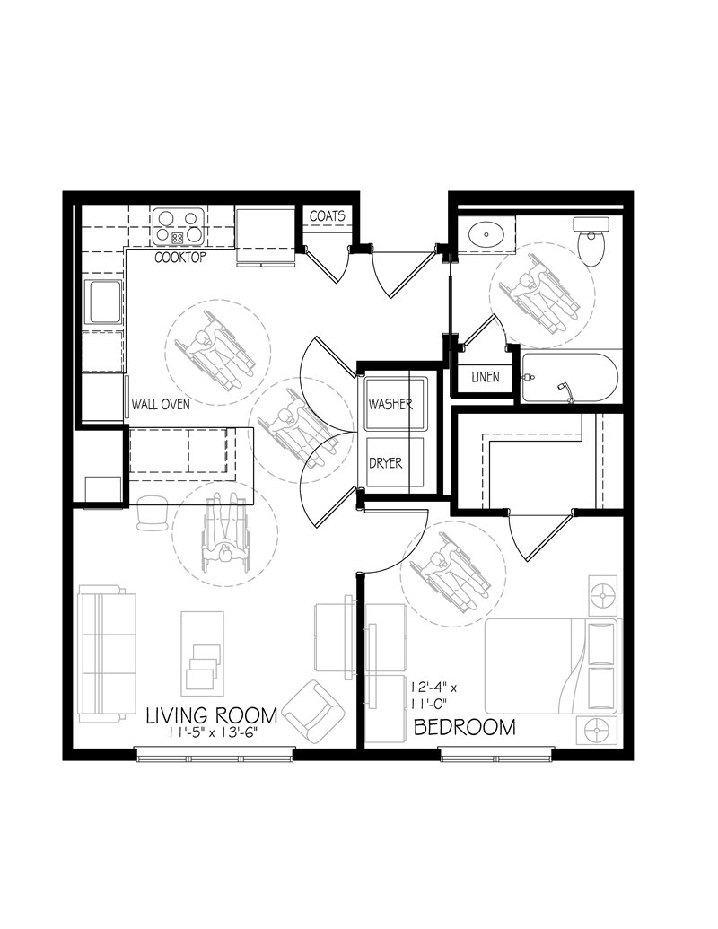 Modern floor plan with one spacious bedroom, a bright living room, dedicated kitchen area, and a functional bathroom layout.