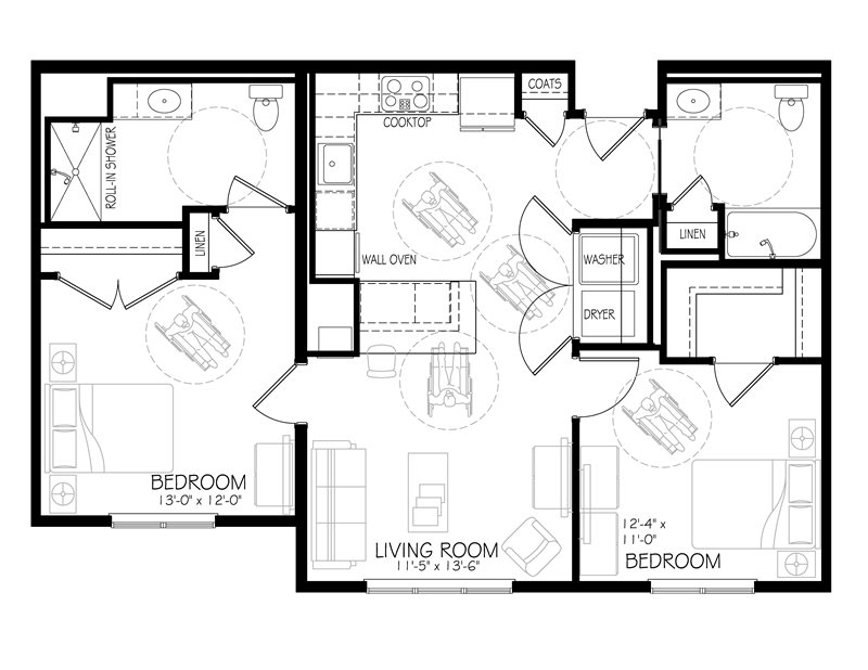 Inviting floor plan with 2 spacious bedrooms, a bright living room, modern kitchen, and convenient laundry area, perfect for stylish living.