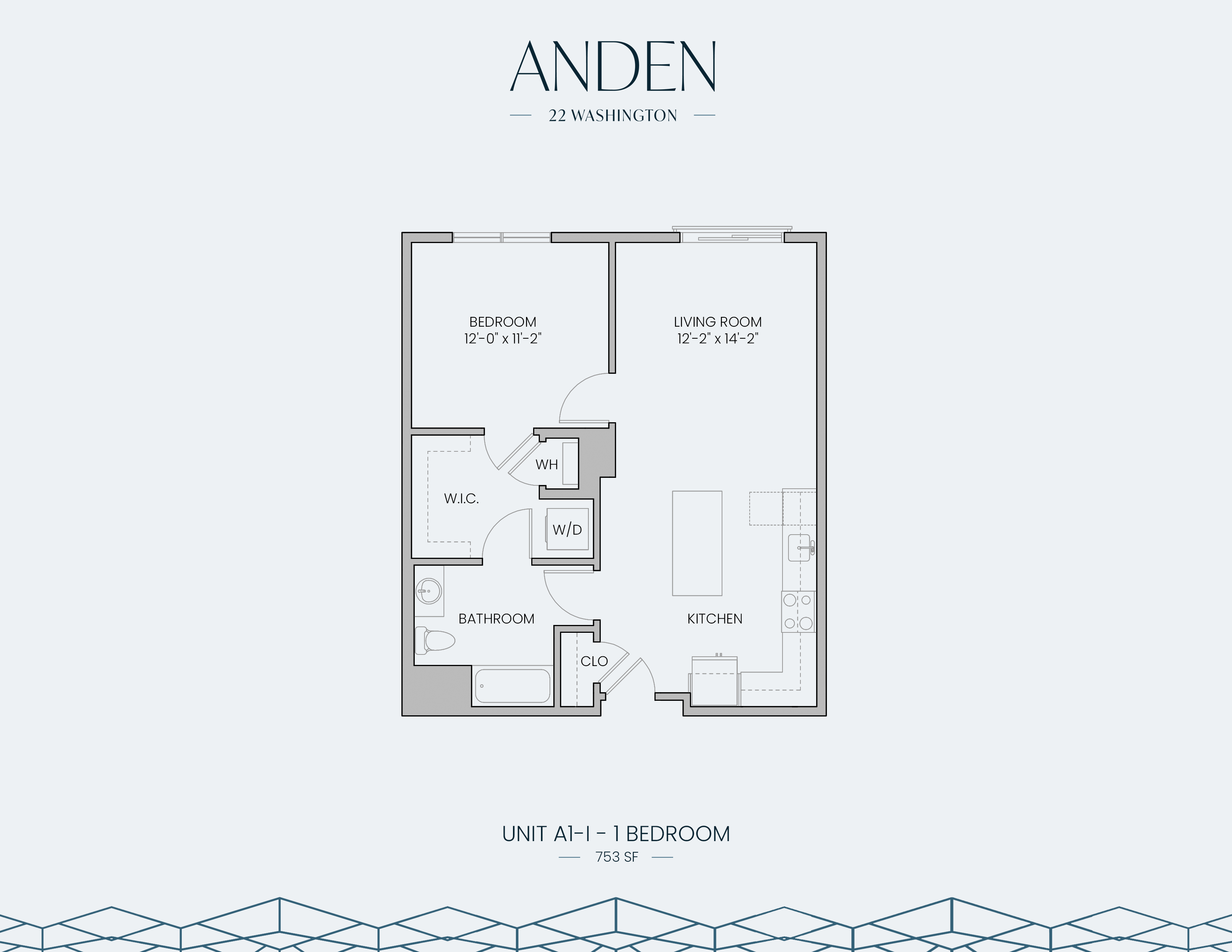 Modern 1-bedroom floor plan at Anden 22 Washington featuring a spacious living room, open kitchen, walk-in closet, and bathroom, covering 753 sq ft.