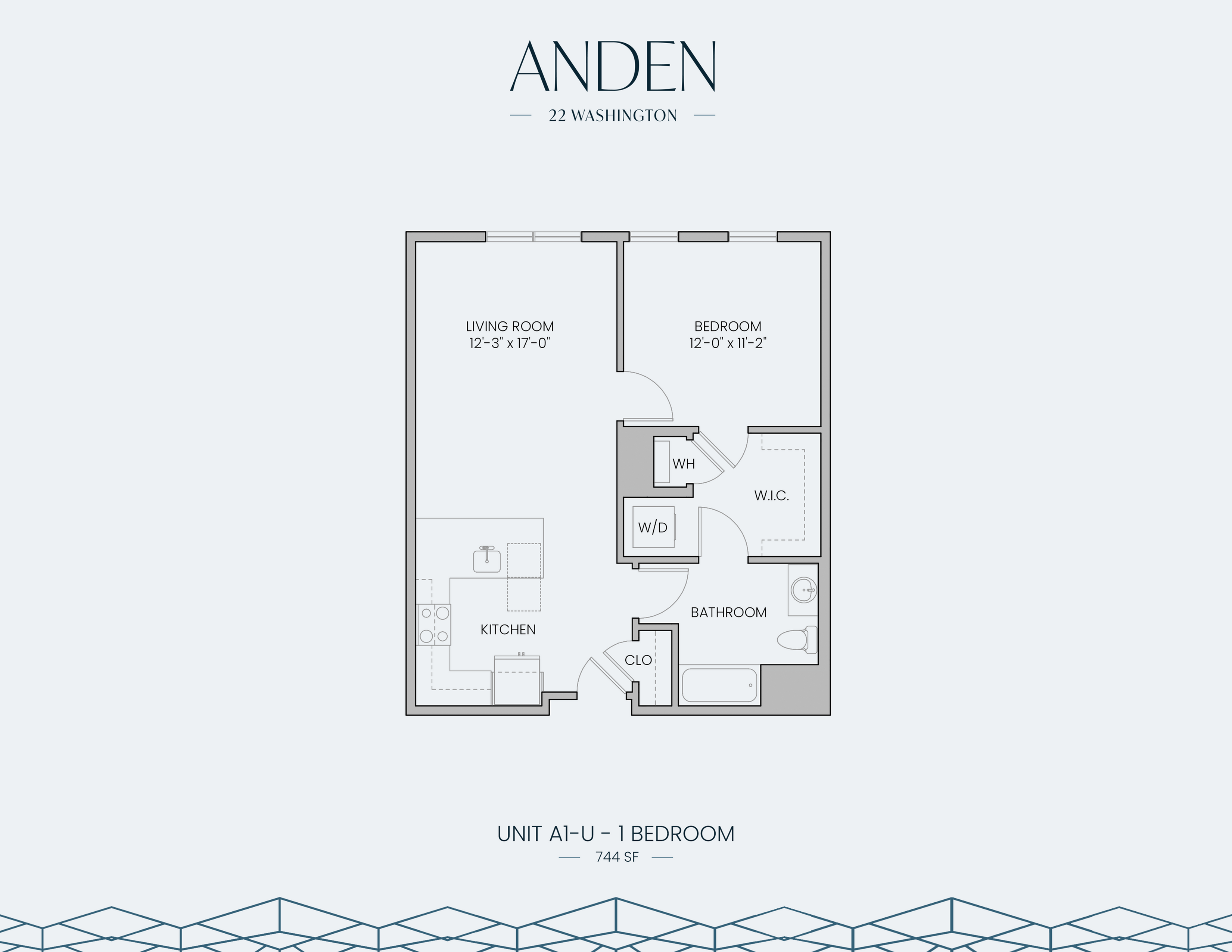 Modern floor plan for Anden 22 Washington featuring 1 bedroom, spacious living room, kitchen, and a walk-in closet, covering 744 sq ft.