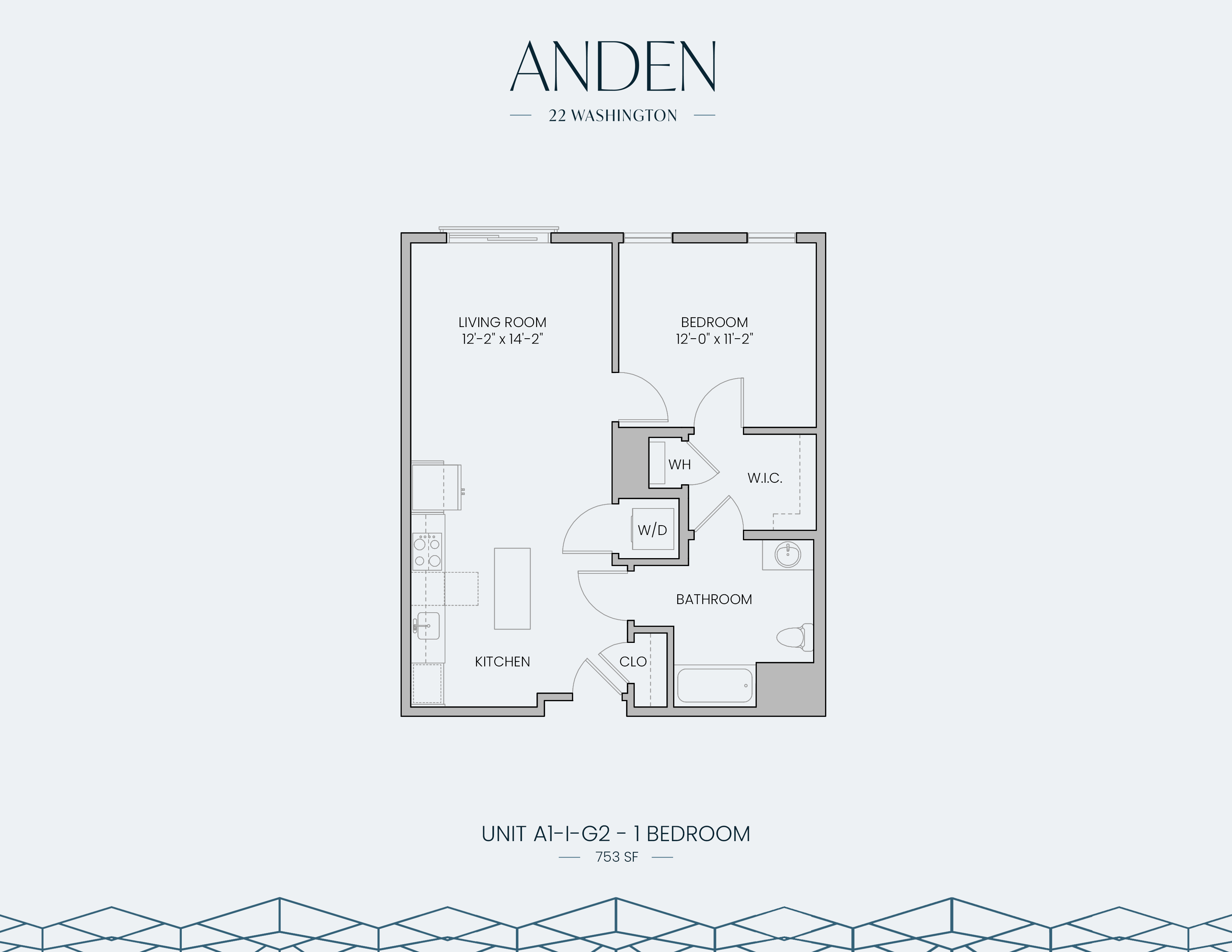 Anden 22 Washington 1-bedroom apartment floor plan featuring a spacious living room, modern kitchen, and convenient bathroom layout in 753 square feet.