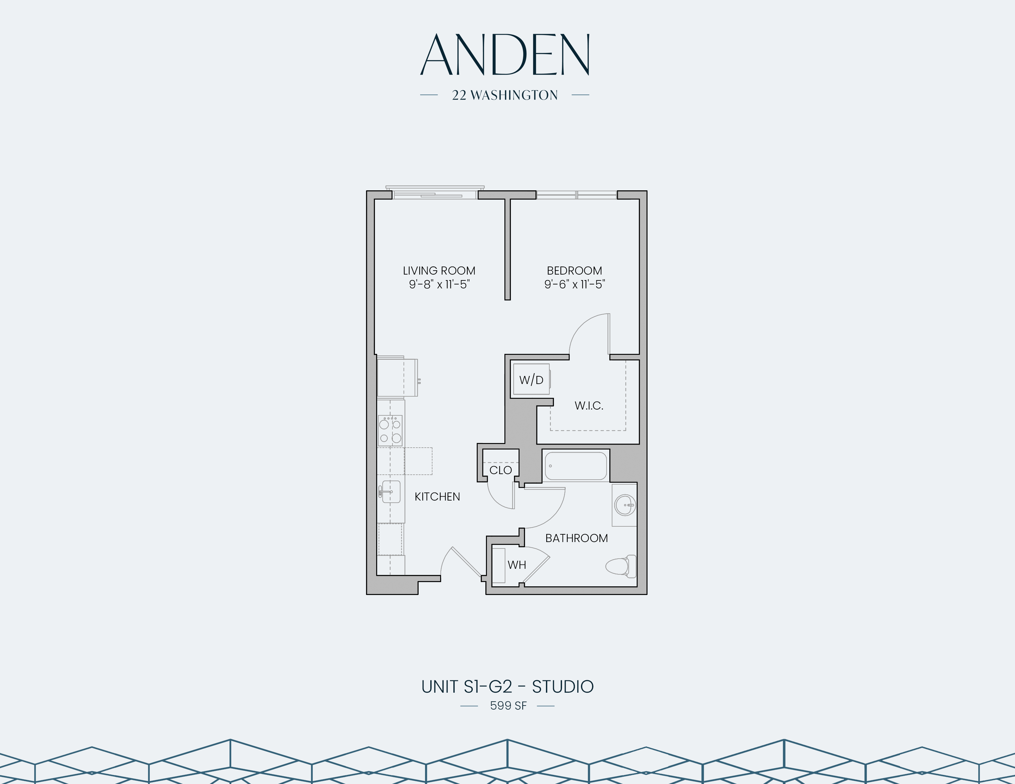 Chic studio floor plan at Anden featuring a spacious living room, kitchen, and bedroom with walk-in closet, spanning 599 sq ft at 22 Washington.
