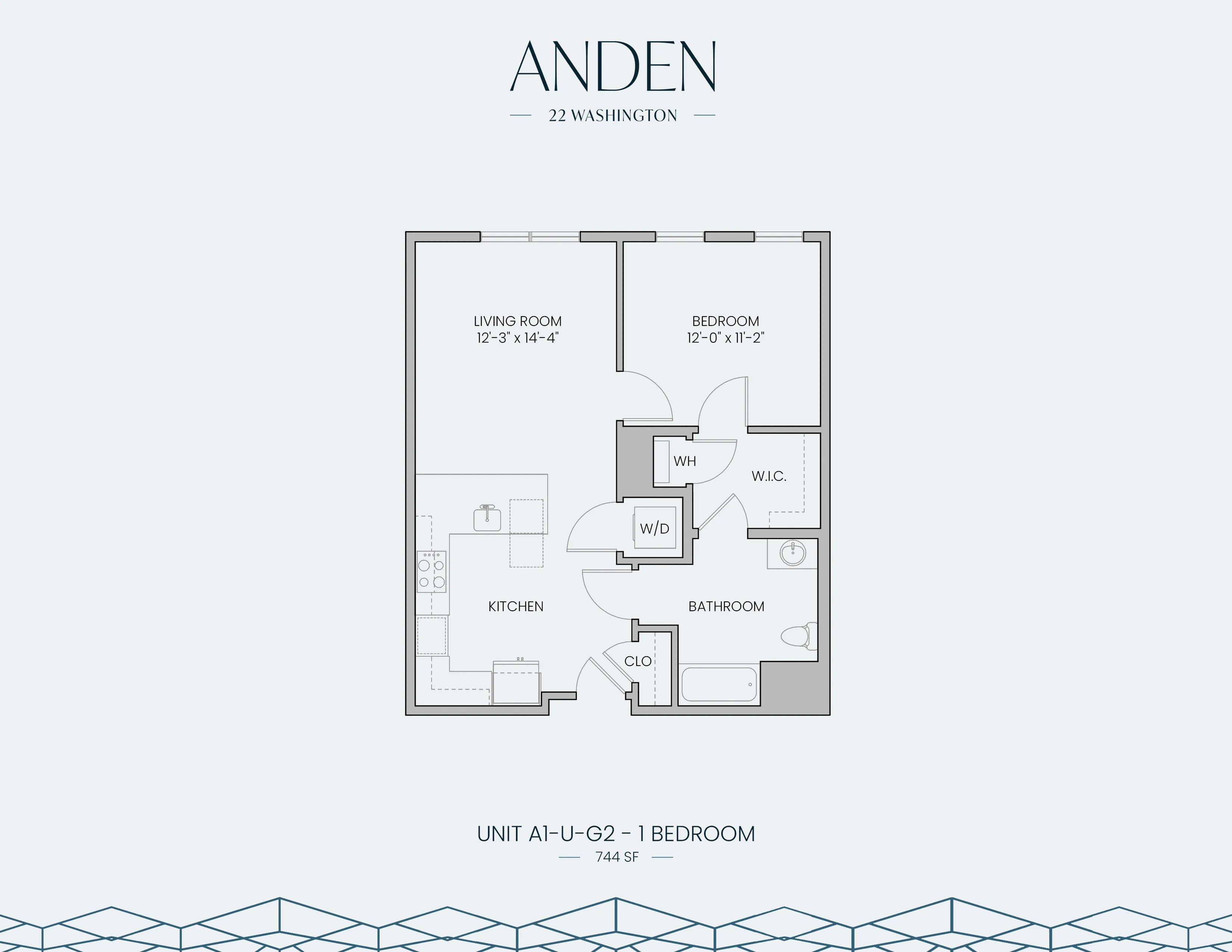 Chic floor plan for Anden at 22 Washington showcasing 1 bedroom, a spacious living room, modern kitchen, and bathroom, totaling 744 sq ft.