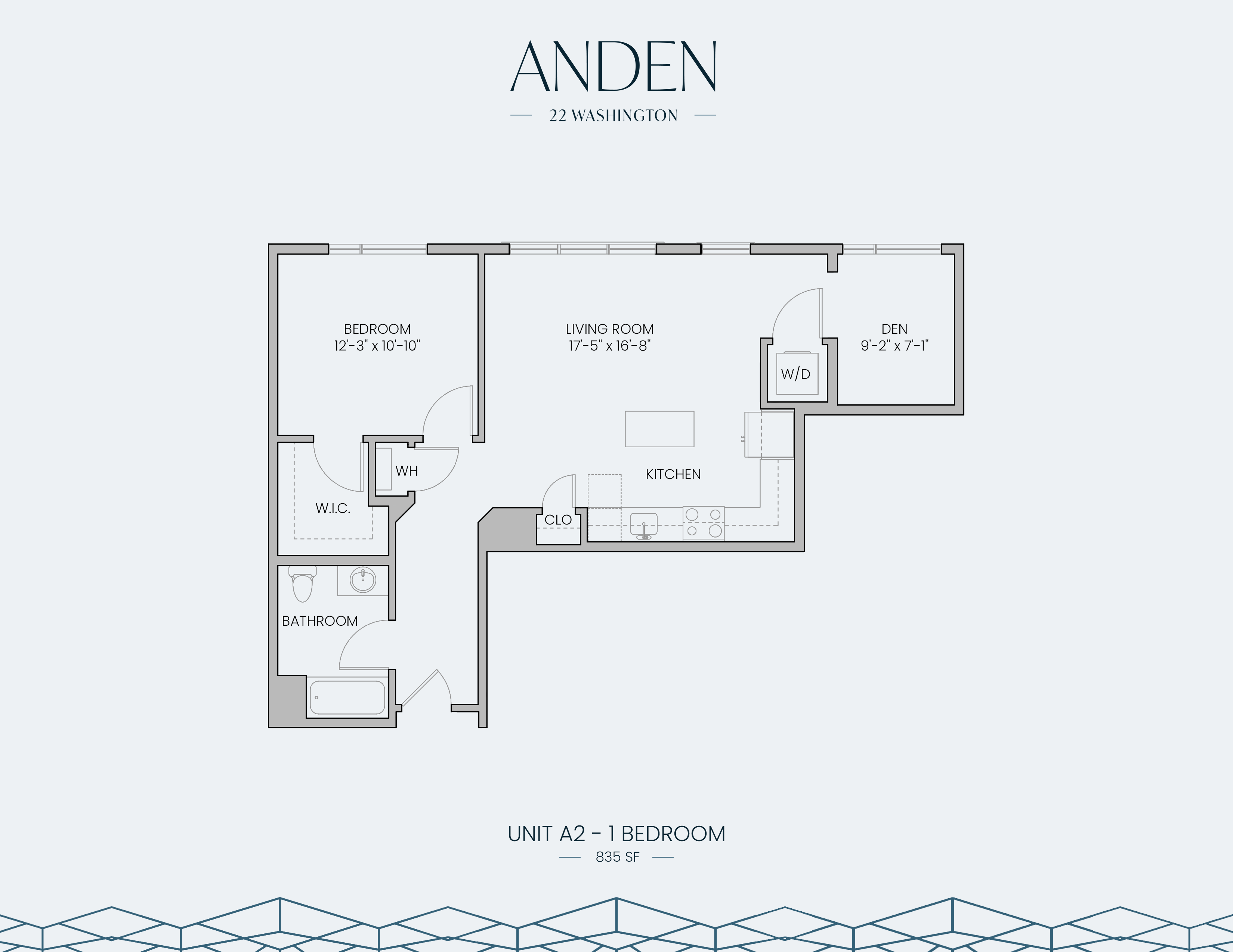 Elegant floor plan of Unit A2 showcasing 1 bedroom, a spacious living room, kitchen, den, and convenient amenities in 835 sq ft at Anden 22 Washington.