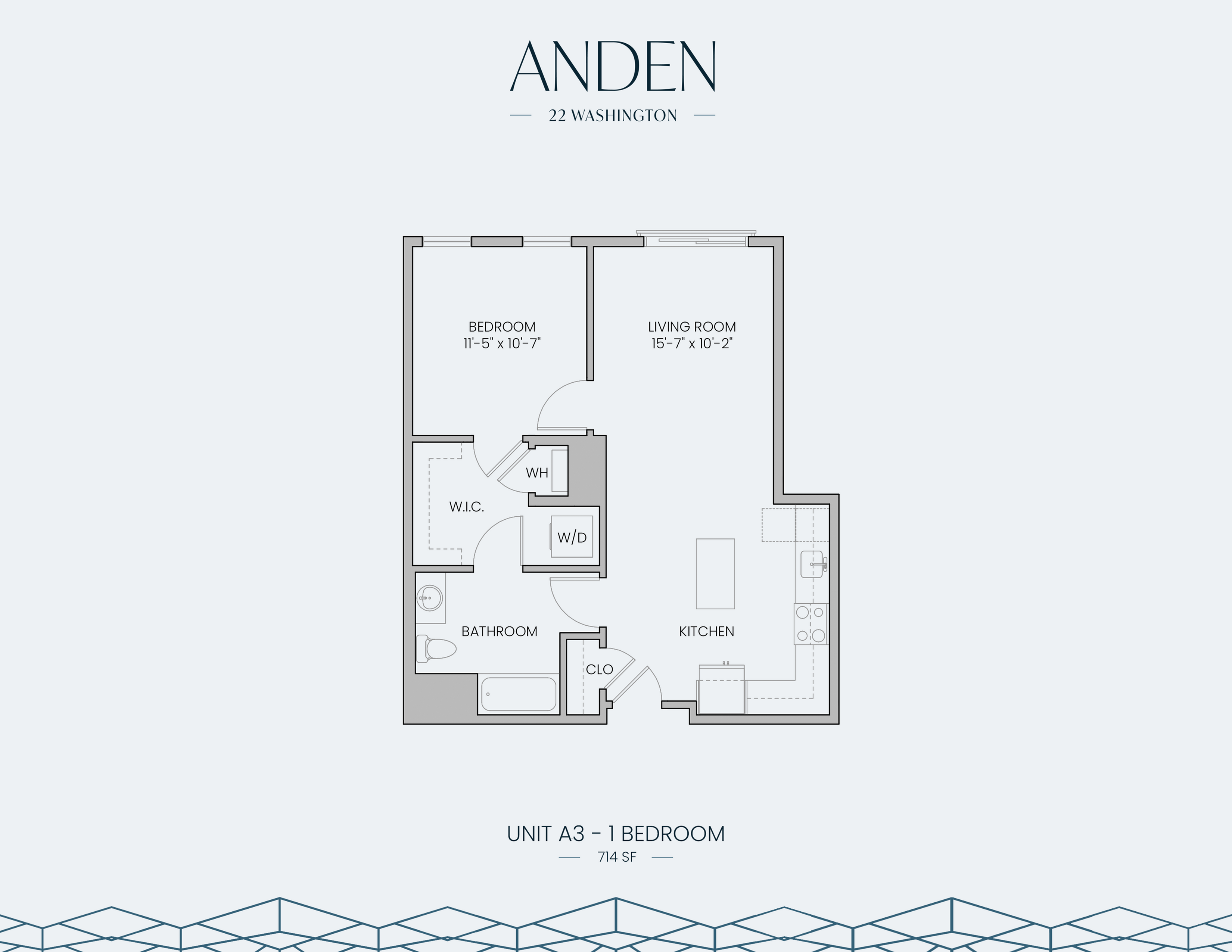 Modern floor plan of Unit A3 featuring 1 bedroom, a spacious living room, a well-appointed kitchen, and a convenient layout at 714 sq ft.