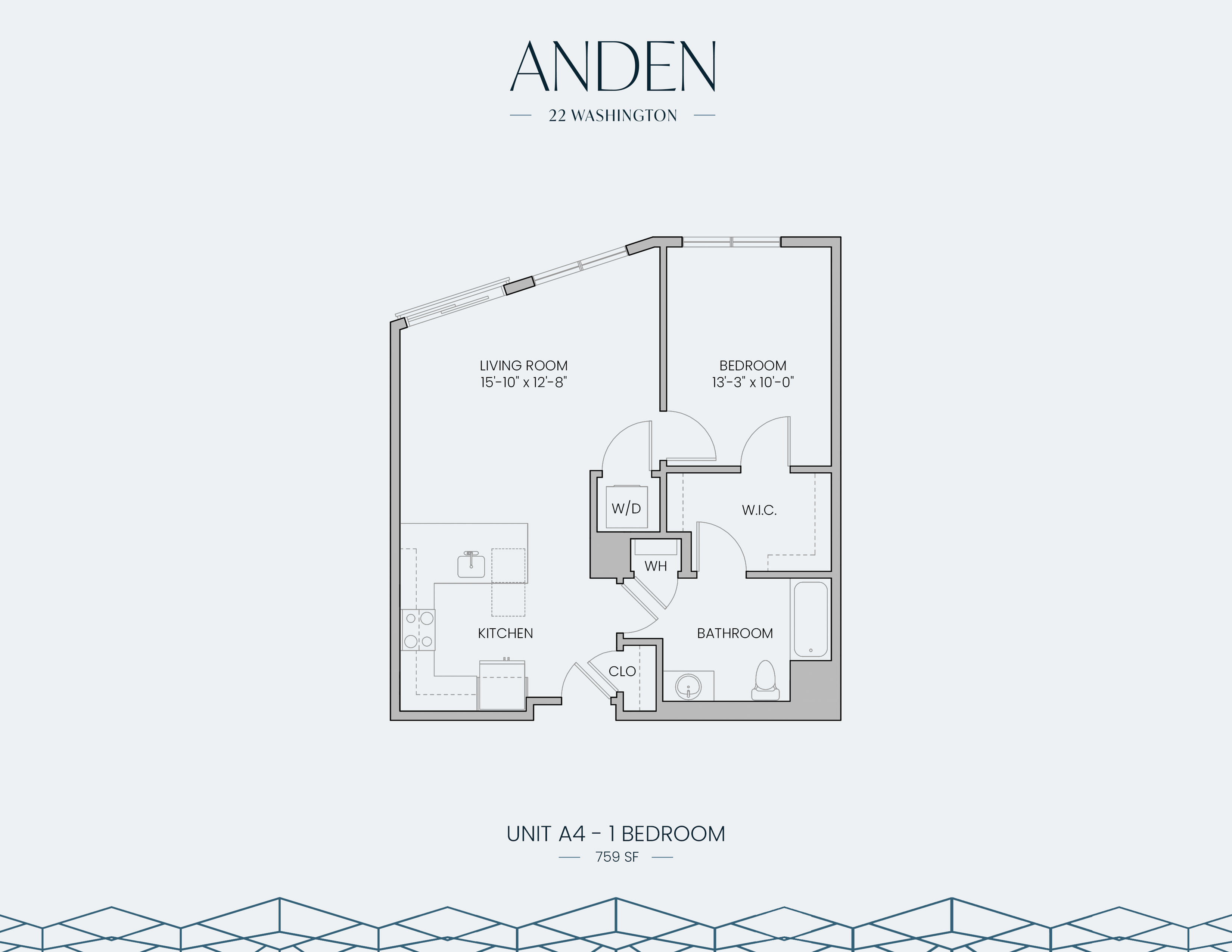 Modern Anden unit floor plan at 22 Washington featuring a spacious 1-bedroom layout with a living room, kitchen, and walk-in closet, covering 759 sq ft.