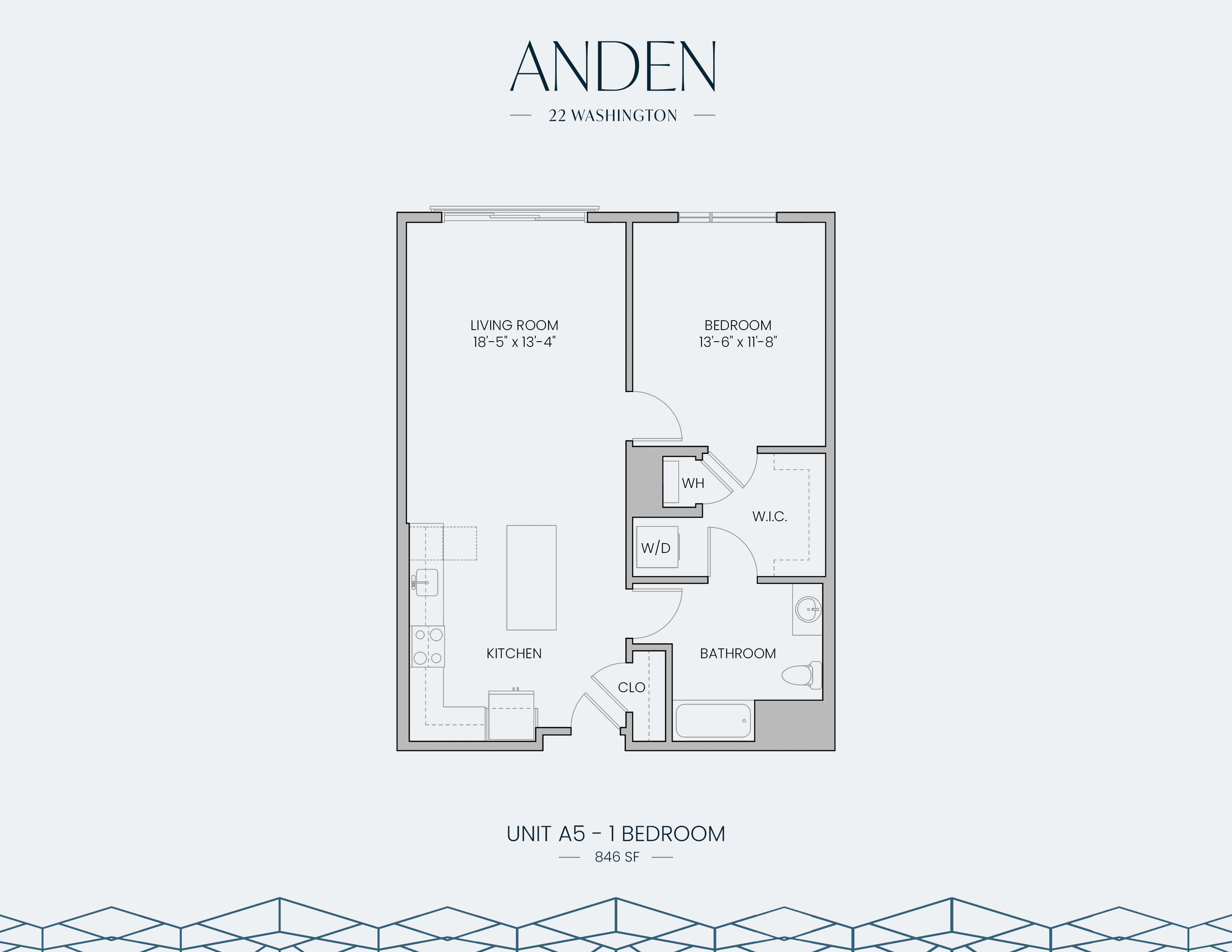 Modern floor plan of Anden unit A5 featuring a spacious living room, chic kitchen, 1 comfortable bedroom, and bathroom, totaling 846 sq ft.