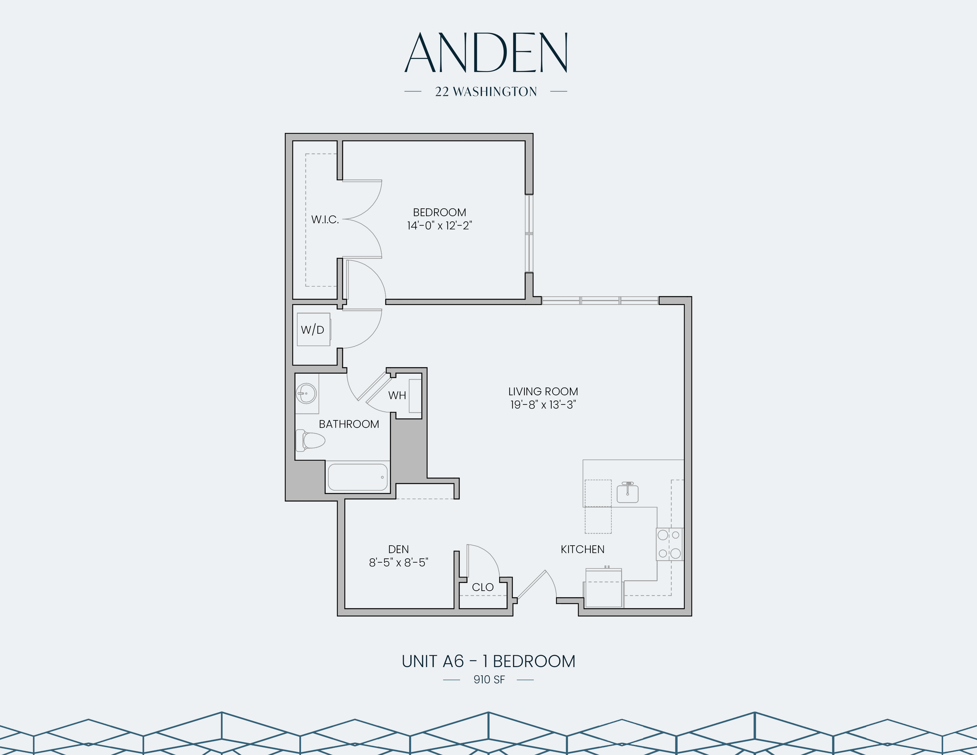 Anden Unit A6 floor plan featuring a spacious 1 bedroom, versatile den, open-concept living area, modern kitchen, and 910 sq ft of comfortable space.