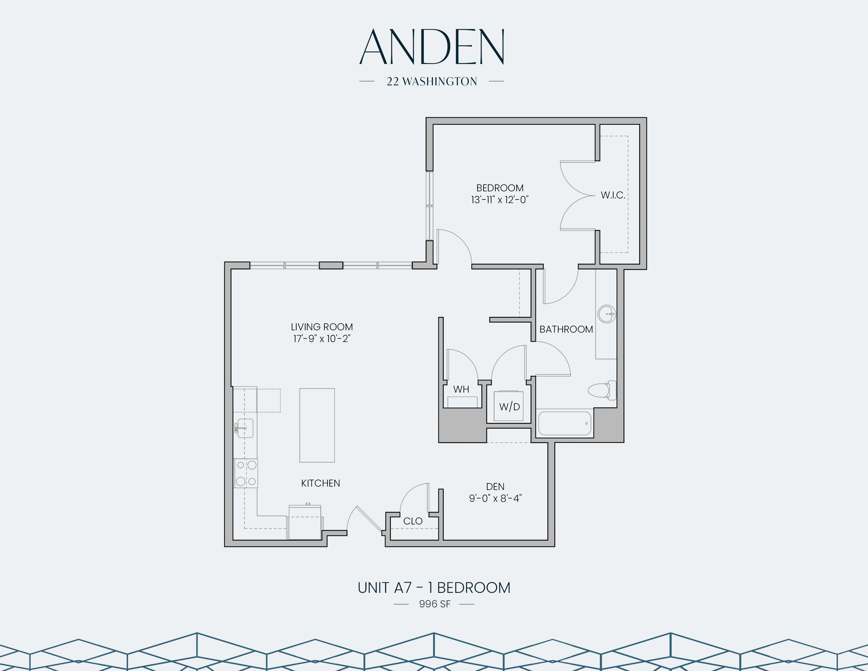 Modern floor plan of Anden 22 Washington, showcasing a 1-bedroom layout with a spacious living room, kitchen, den, and bathroom in 996 sq ft.