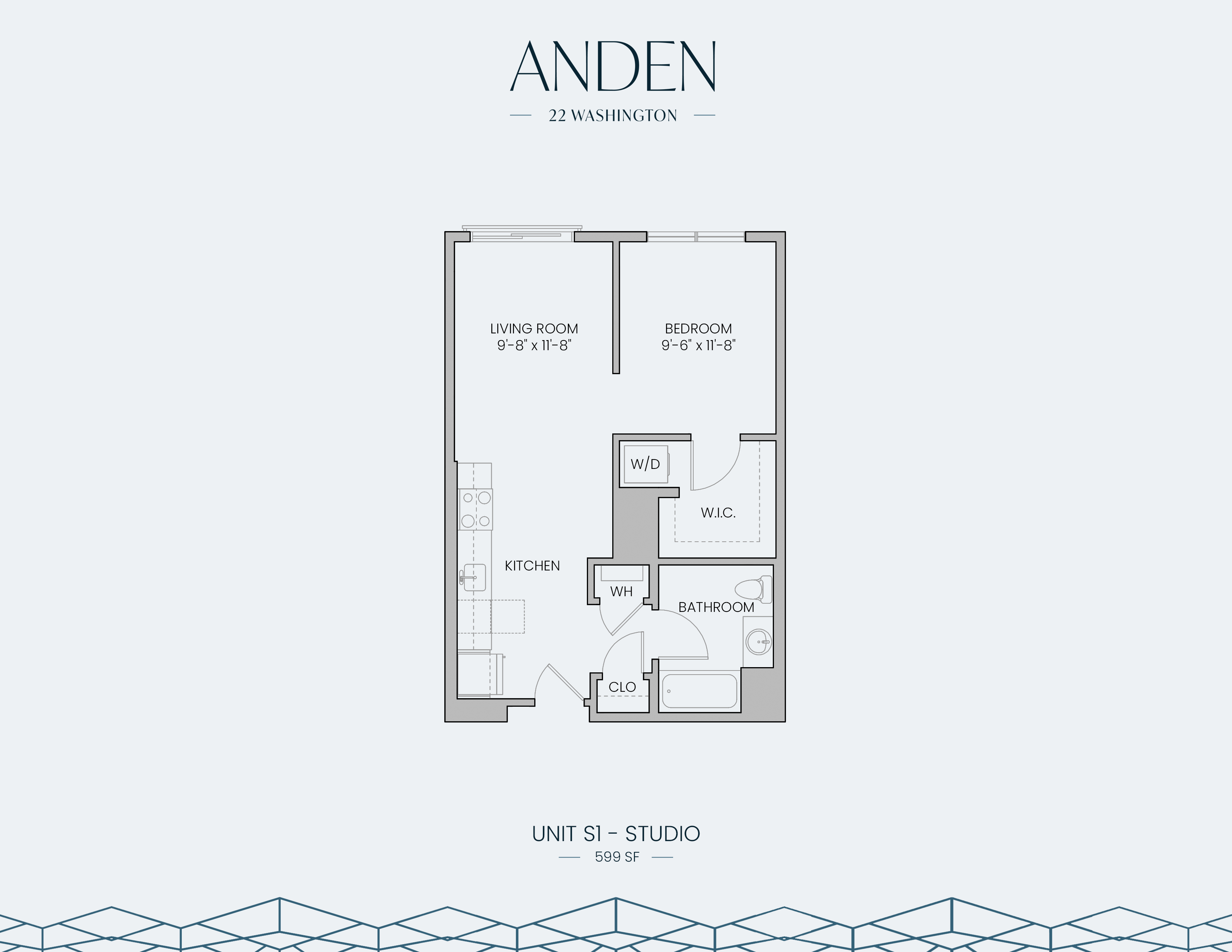 Modern studio floor plan at Anden, 22 Washington, featuring an open living room, kitchen, separate bedroom, walk-in closet, and bathroom, spread over 599 sq ft.
