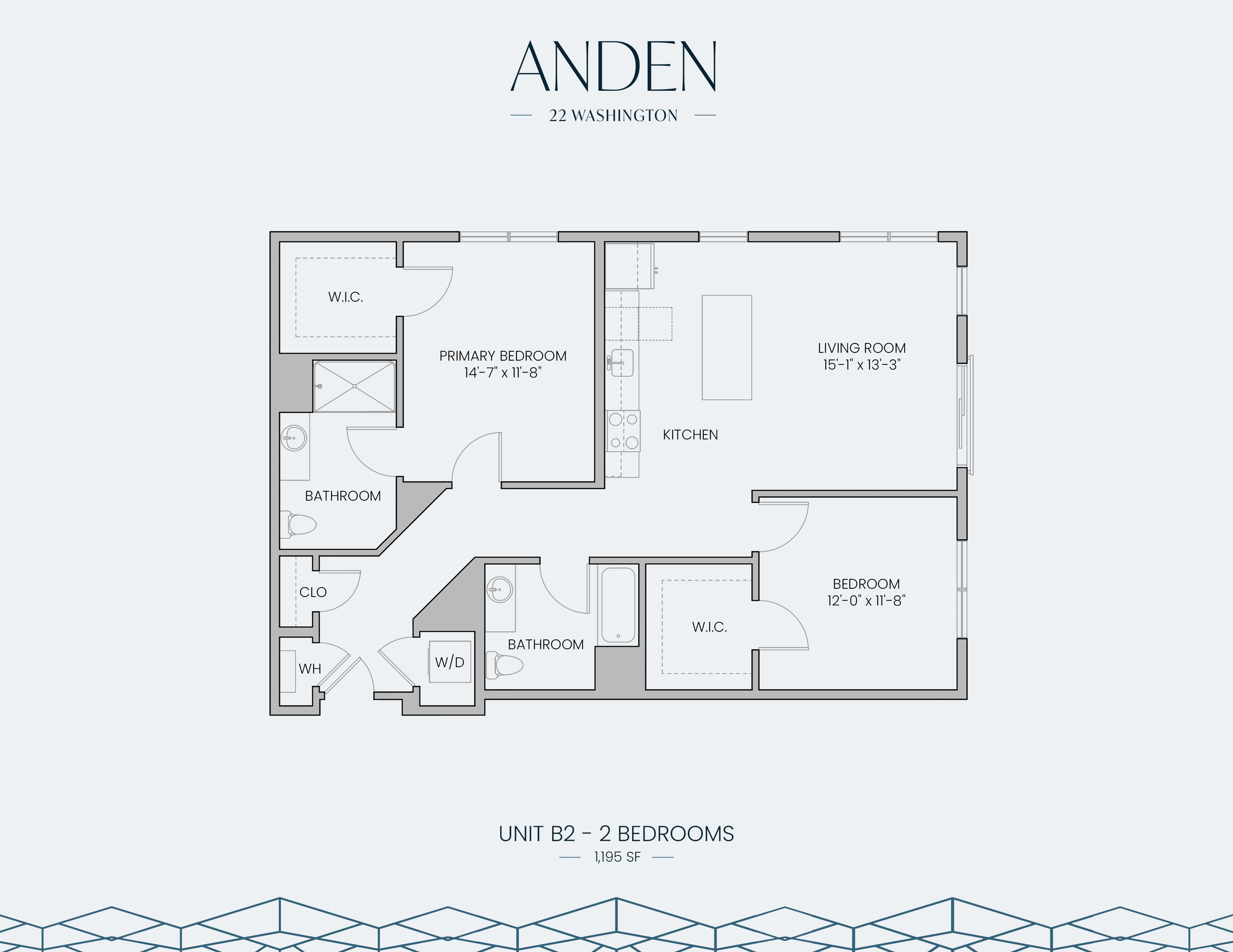 Sophisticated floor plan of Unit B2 featuring 2 spacious bedrooms, open living room, modern kitchen, and two bathrooms, totaling 1,195 sq ft at Anden, 22 Washington.