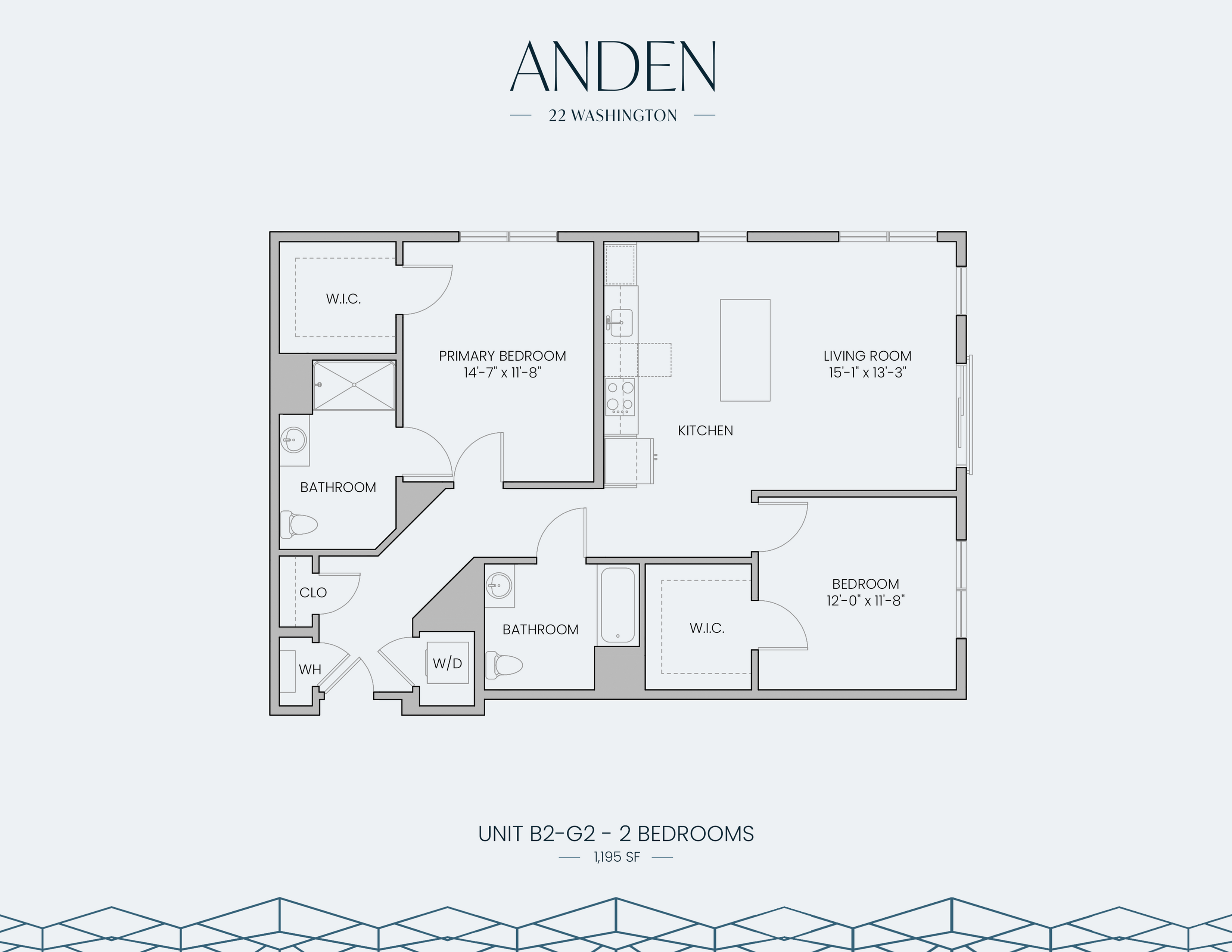 Modern floor plan of Anden 22 Washington featuring 2 spacious bedrooms, 2 luxurious bathrooms, an open kitchen, and a cozy living room, occupying 1,195 sq ft.