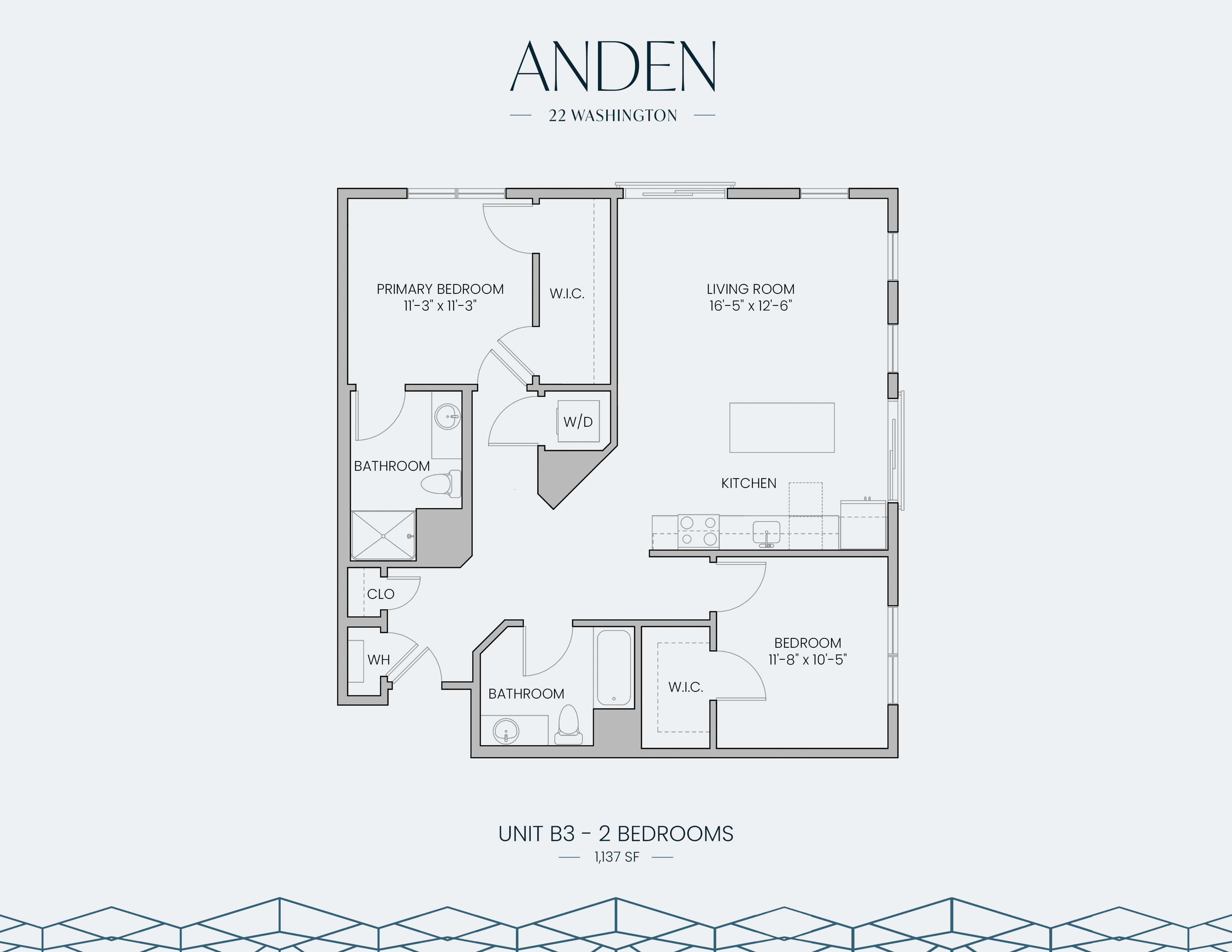 Anden 22 Washington Unit B3 spacious floor plan with 2 bedrooms, elegant living room, modern kitchen, and two bathrooms, 1137 sq ft.