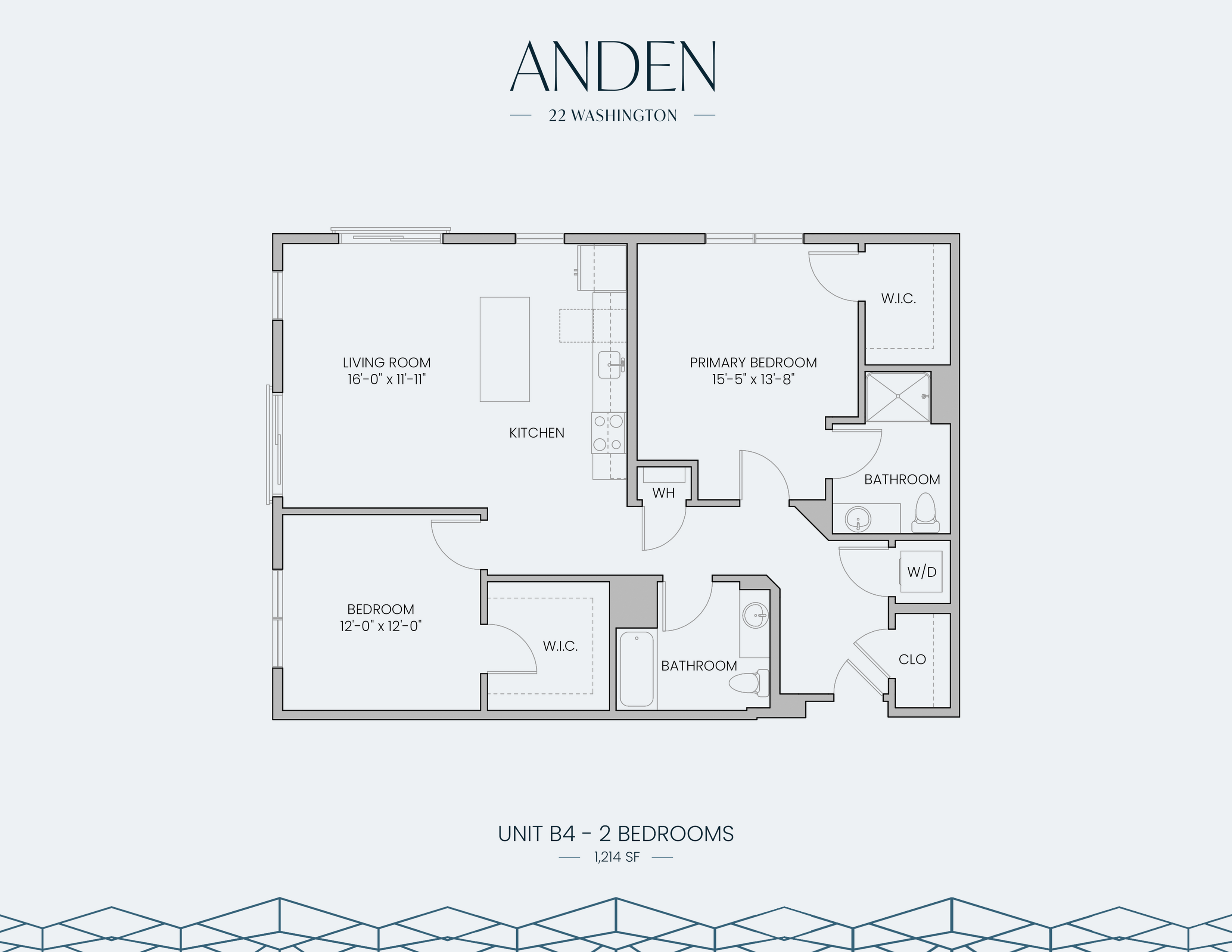 Modern apartment floor plan featuring 2 bedrooms, spacious living room, and open kitchen layout at Anden, 22 Washington. Includes two bathrooms, two walk-in closets, and convenient in-unit laundry in 1,214 sq ft.