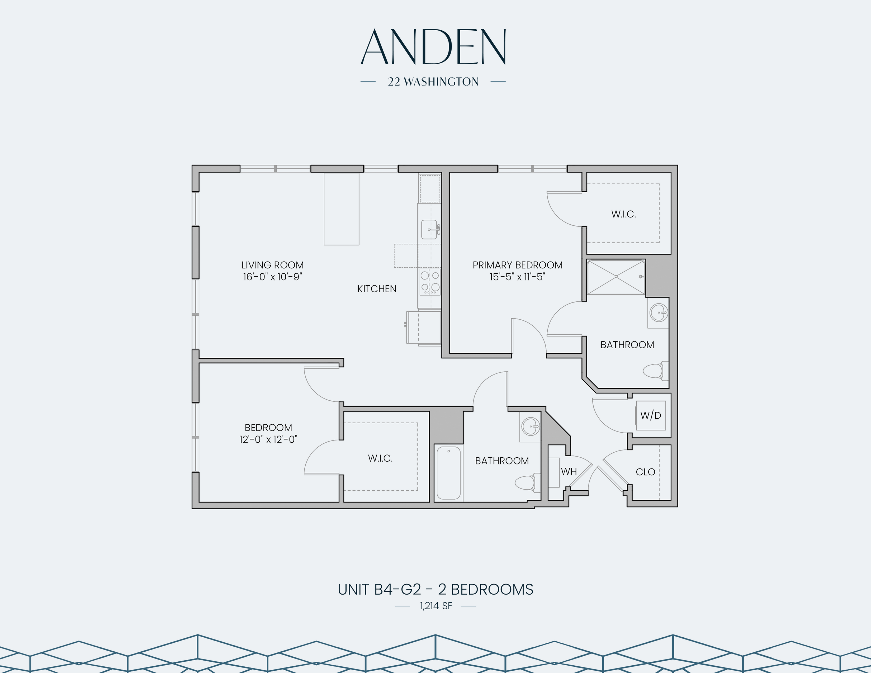 Modern floor plan of Unit B4-G2 at Anden, 22 Washington, featuring 2 spacious bedrooms, a stylish living room, and a well-appointed kitchen. Includes 1,214 sq ft of thoughtfully designed space with walk-in closets and two bathrooms.