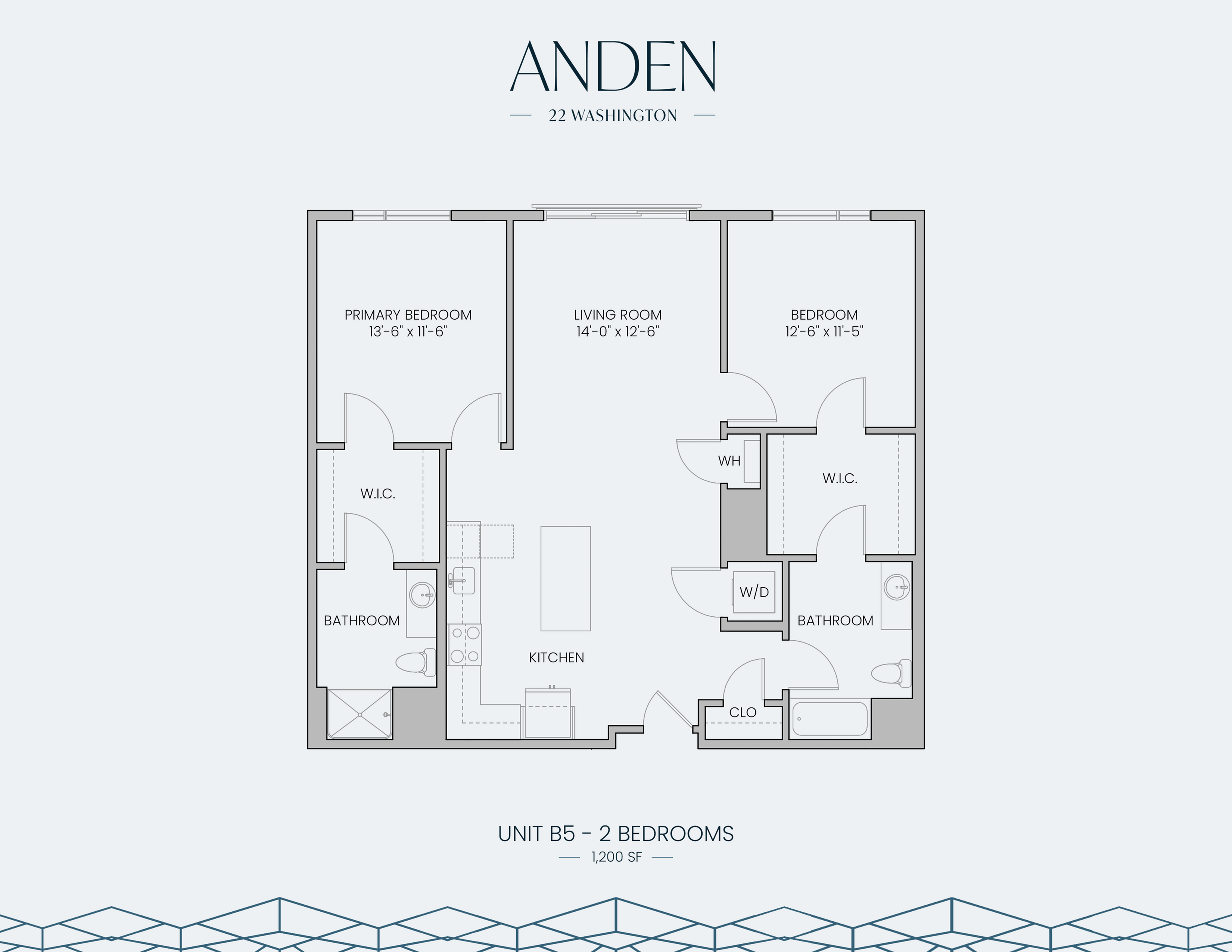 Elegant floor plan of Anden at 22 Washington, featuring 2 spacious bedrooms, 2 bathrooms, a large living room, and a modern kitchen, encompassing 1,200 square feet.