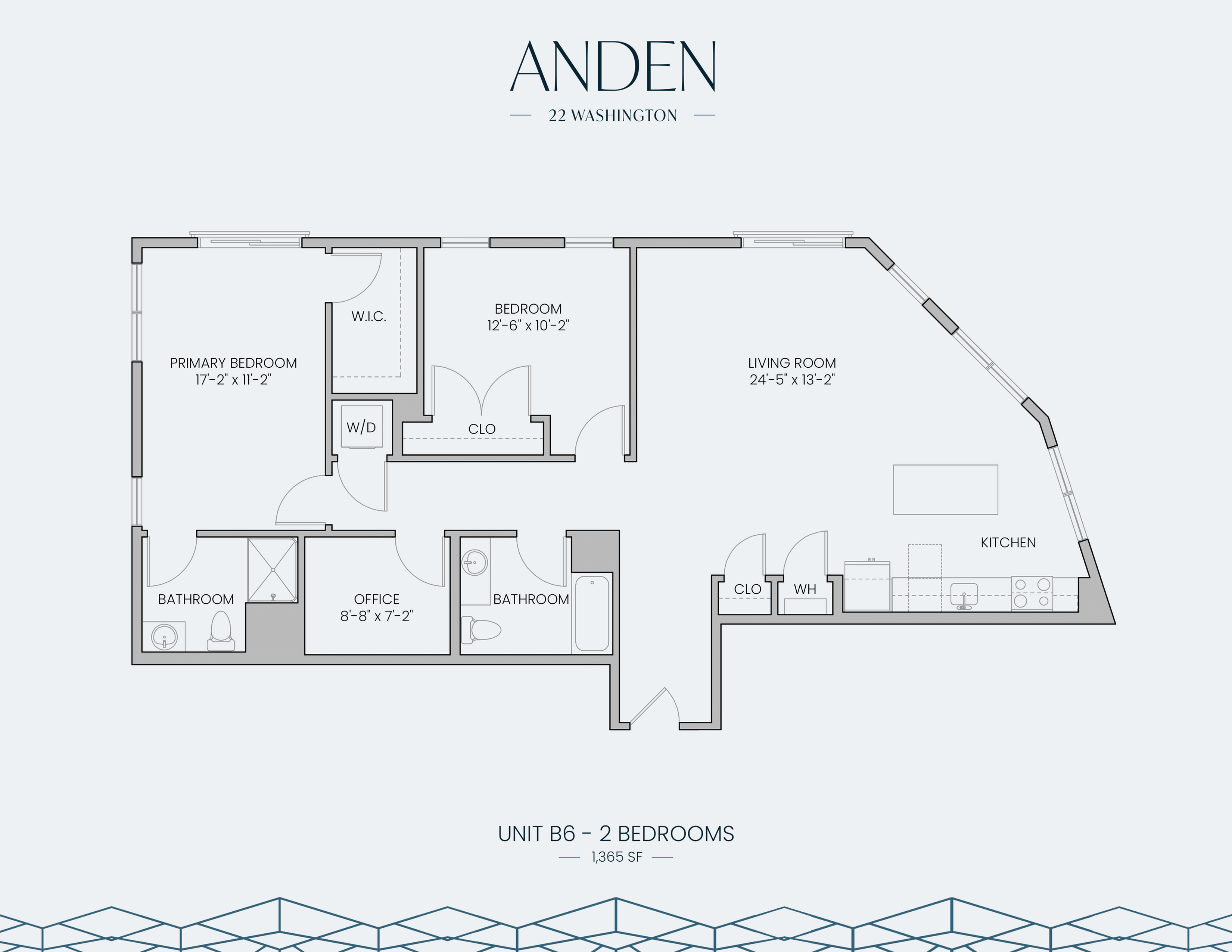 Elegant floor plan of Unit B6 with 2 bedrooms, spacious living room, and modern kitchen, totaling 1,365 sq ft in Anden at 22 Washington.