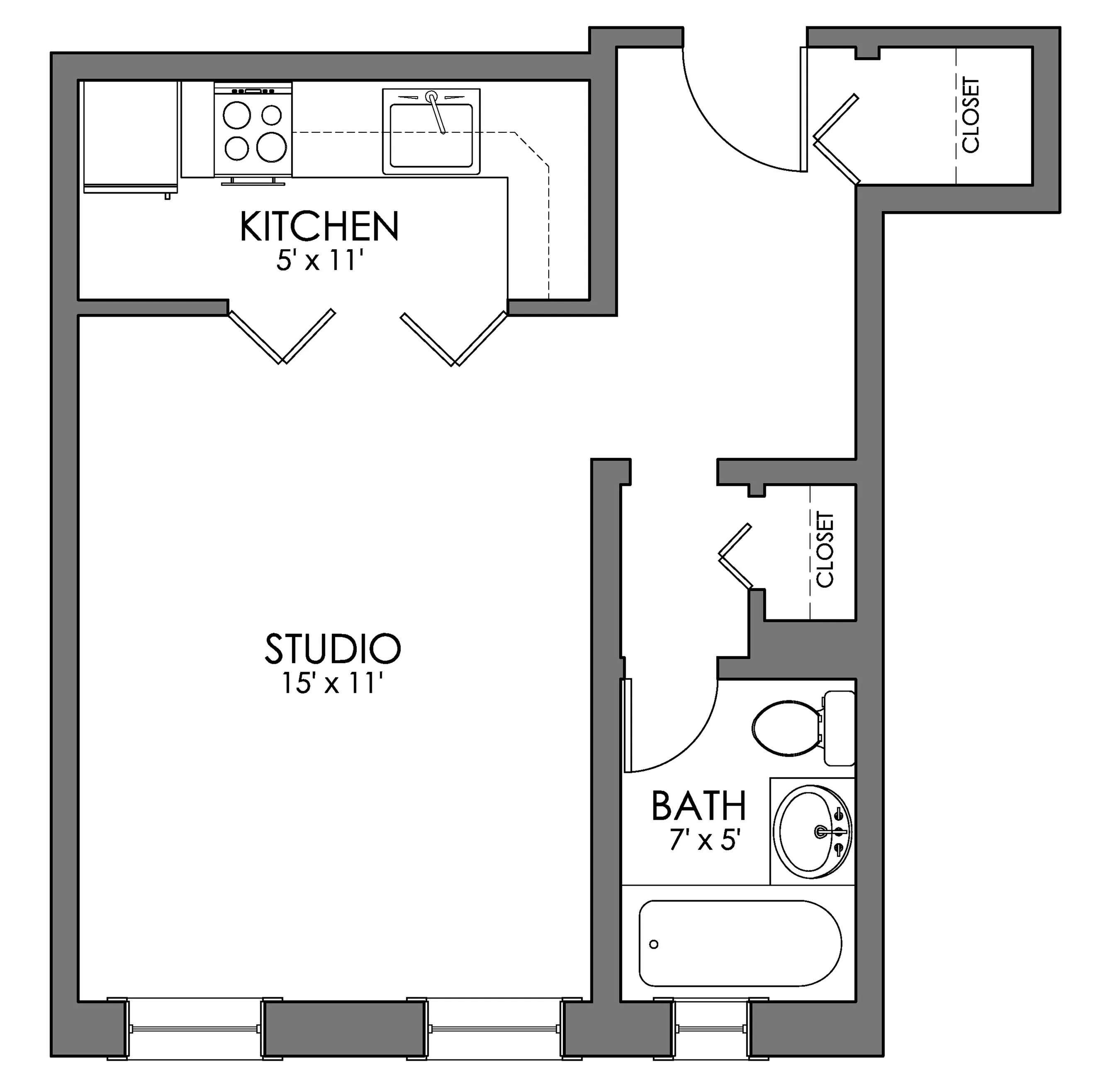 Chic studio apartment floor plan featuring a compact kitchen, elegant bath, and efficient storage closets.