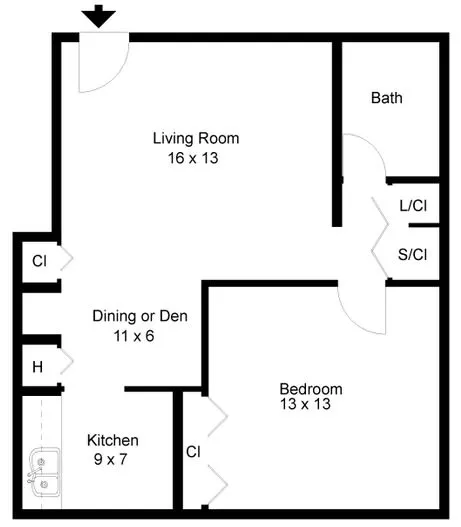 Charming floor plan featuring one bedroom, spacious living room, and cozy kitchen layout.