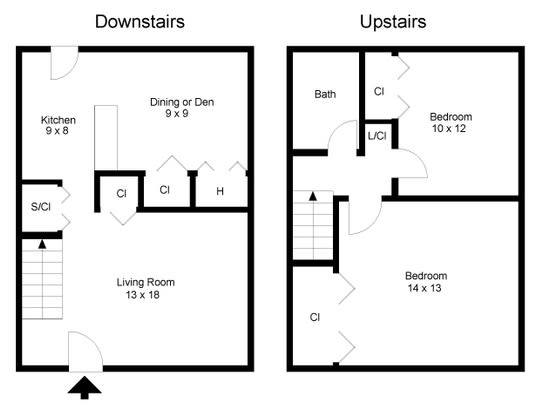 Inviting 2-story floor plan showcasing a spacious living room, versatile dining area, and modern kitchen downstairs; two cozy bedrooms and a bath upstairs.