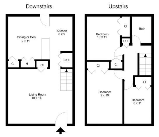 Bright multi-level floor plan featuring three cozy bedrooms, a spacious living room, and an inviting kitchen with dining area.