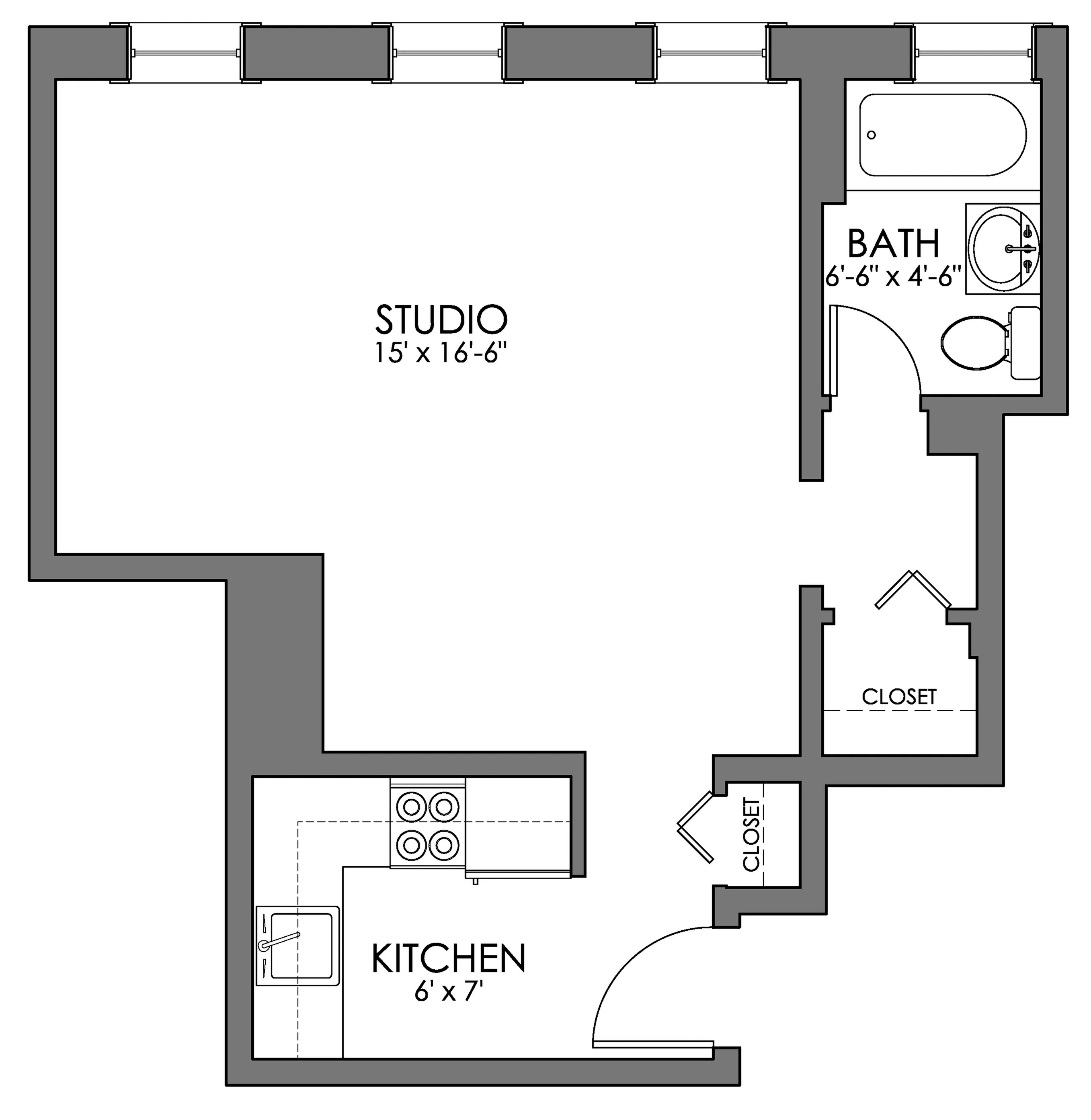 Chic studio apartment floor plan featuring a spacious living area, compact kitchen, and modern bathroom.