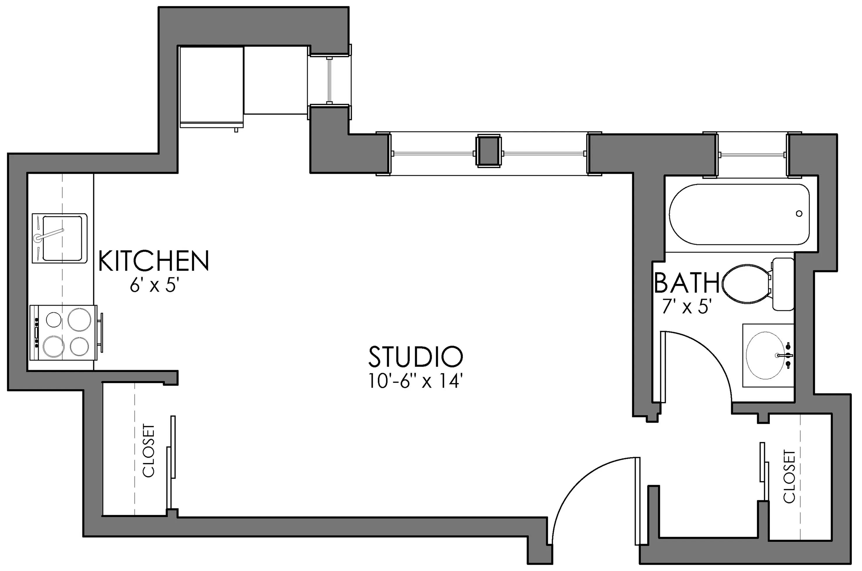 Chic studio floor plan featuring compact kitchen, cozy living area, and modern bathroom with dual closets.