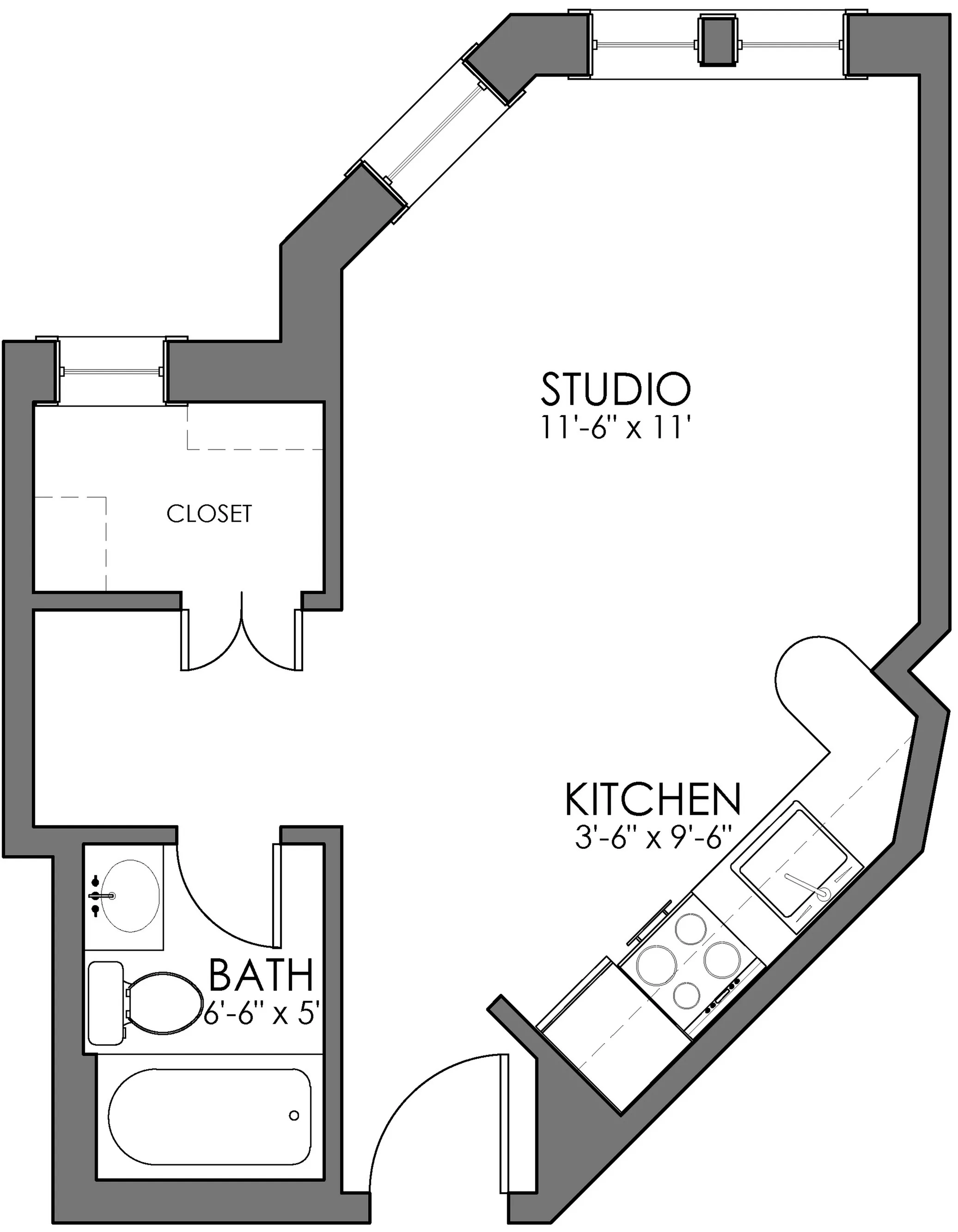 Chic studio apartment floor plan with a spacious layout, featuring a stylish kitchen, cozy bath, and ample closet space.