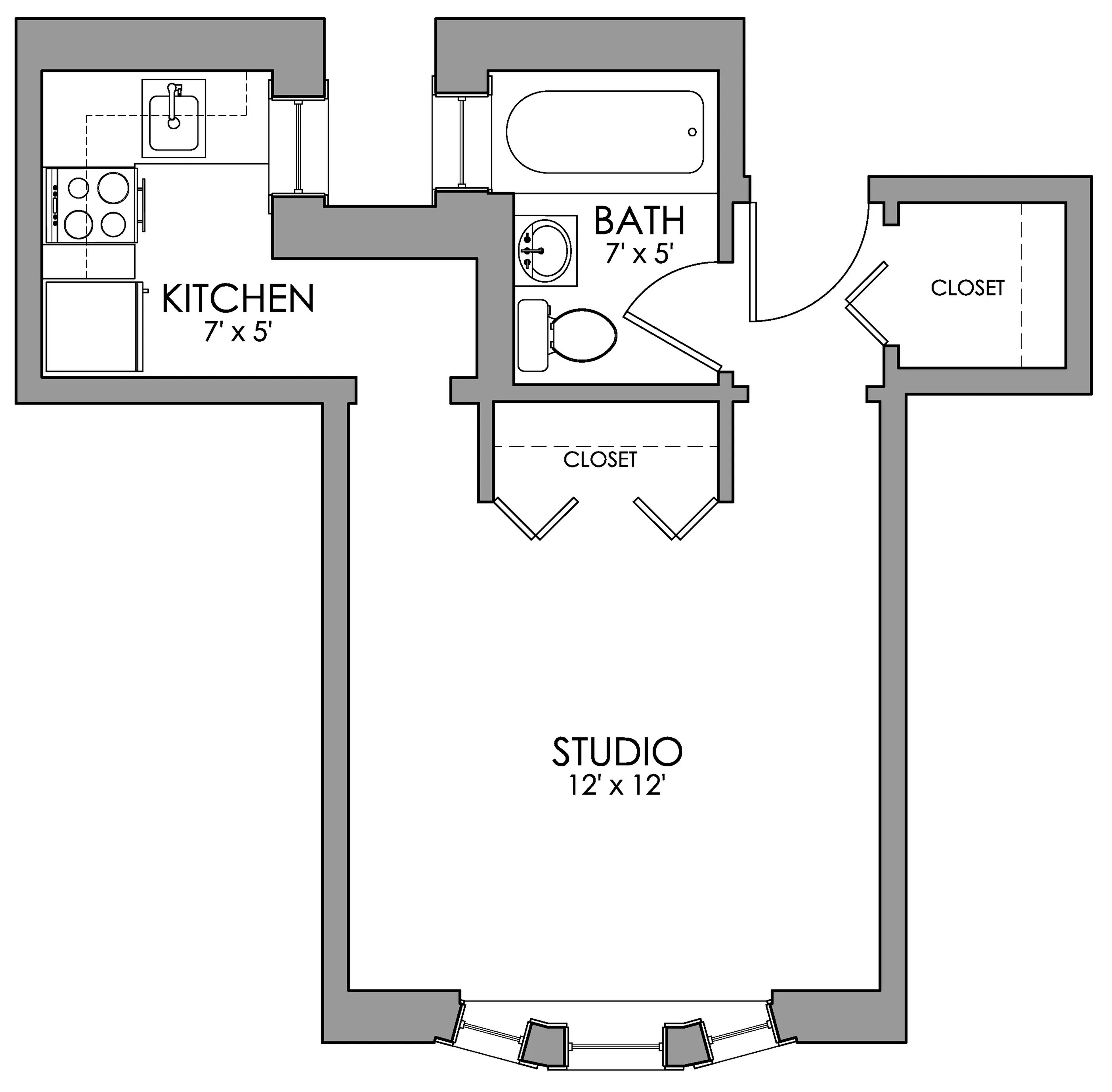 Charming studio apartment floor plan with a stylish open space, functional 7x5 kitchen, modern 7x5 bathroom, and convenient closets, ideal for urban living.