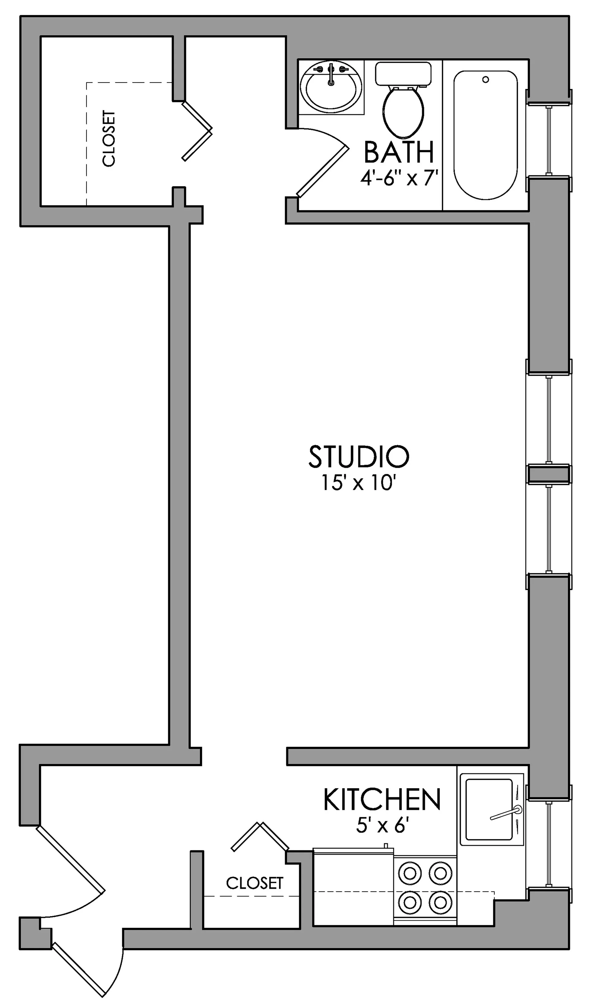 Chic studio apartment floor plan featuring an open living area, efficient kitchen, and cozy bathroom, ideal for modern city living.