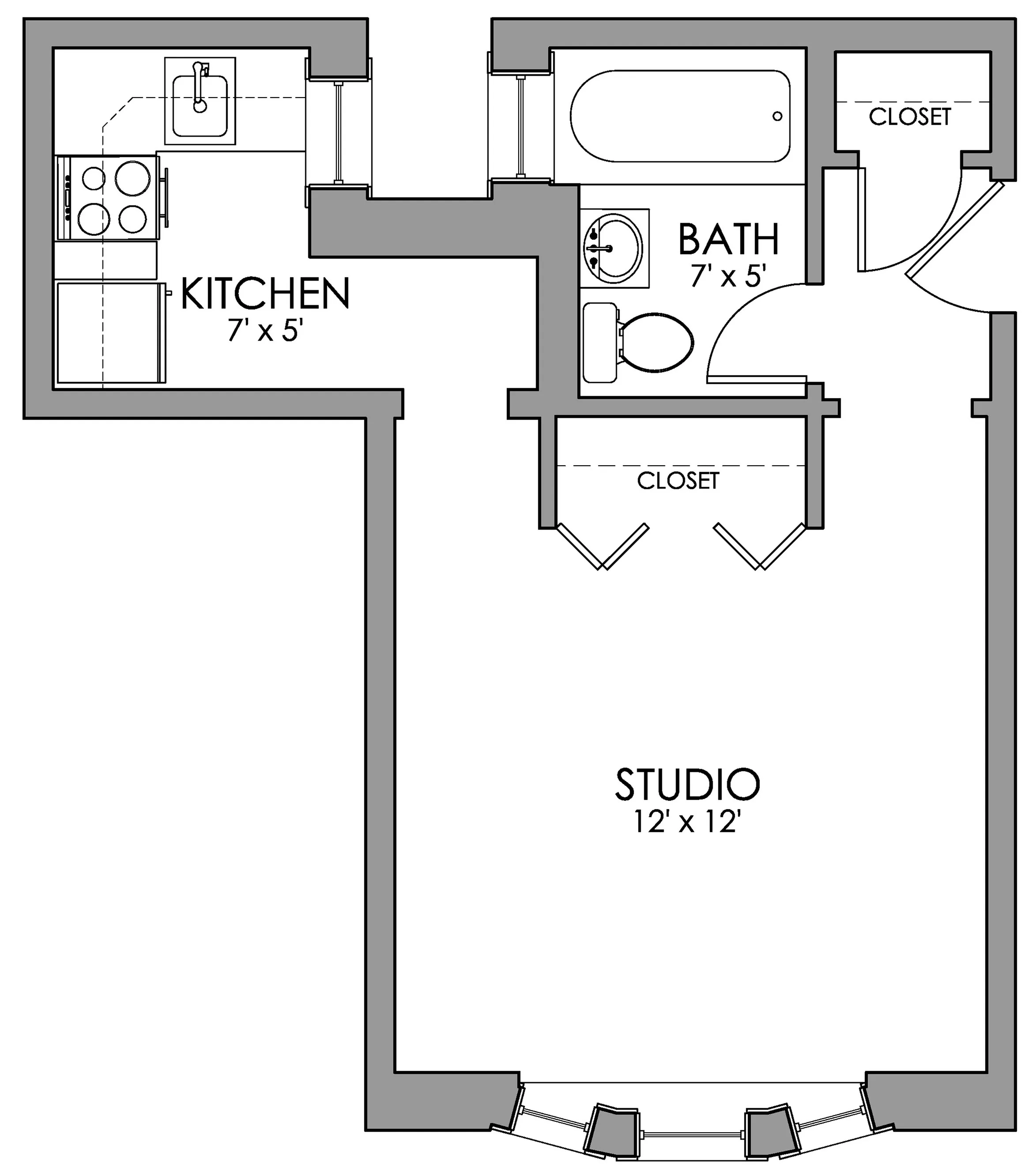 Charming studio floor plan featuring a cozy kitchen, full bathroom, and generous closet space in a 12x12 open living area.