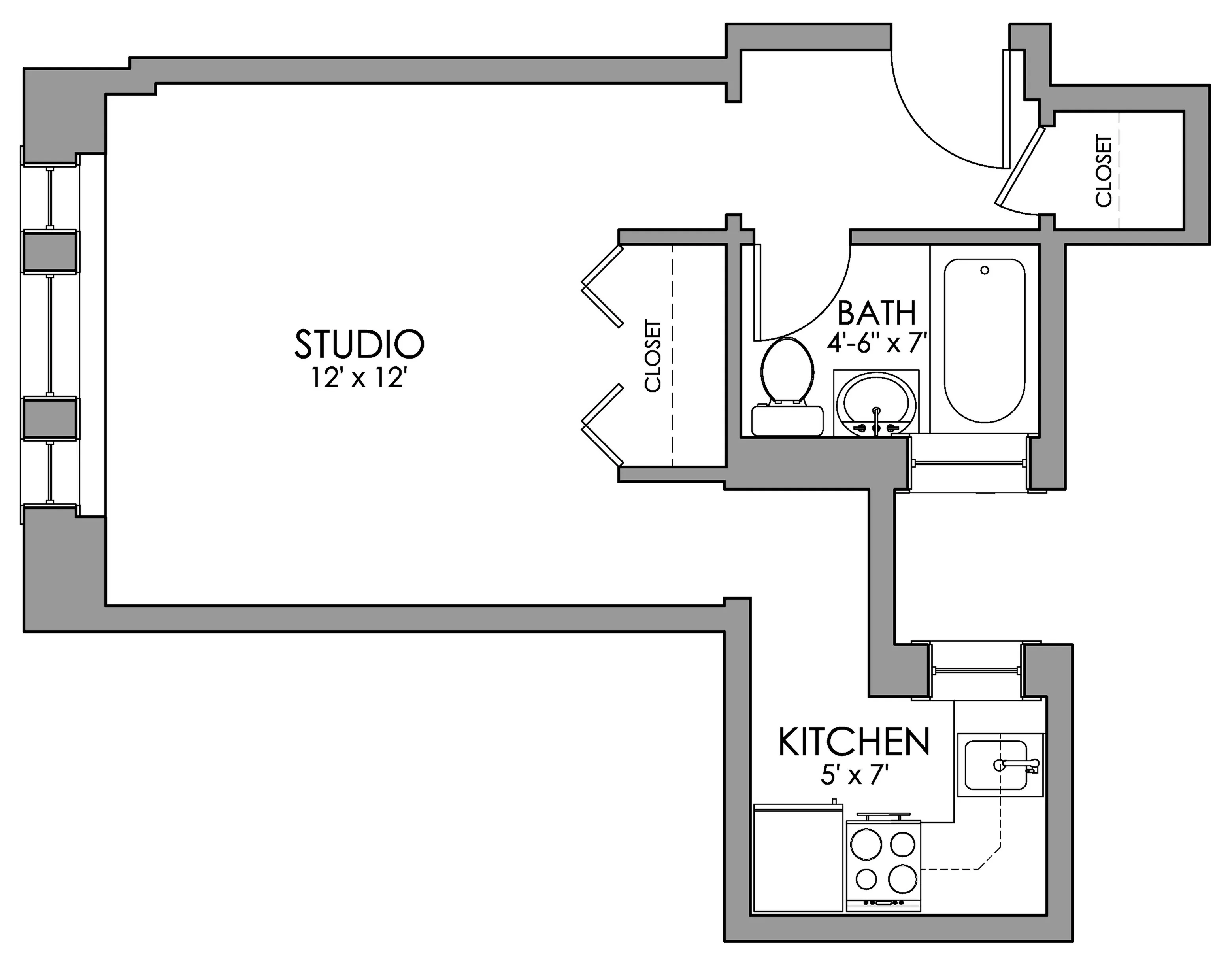 Efficient studio apartment floor plan featuring a 12'x12' living space, a compact kitchen, and a well-designed bath with ample closet storage.