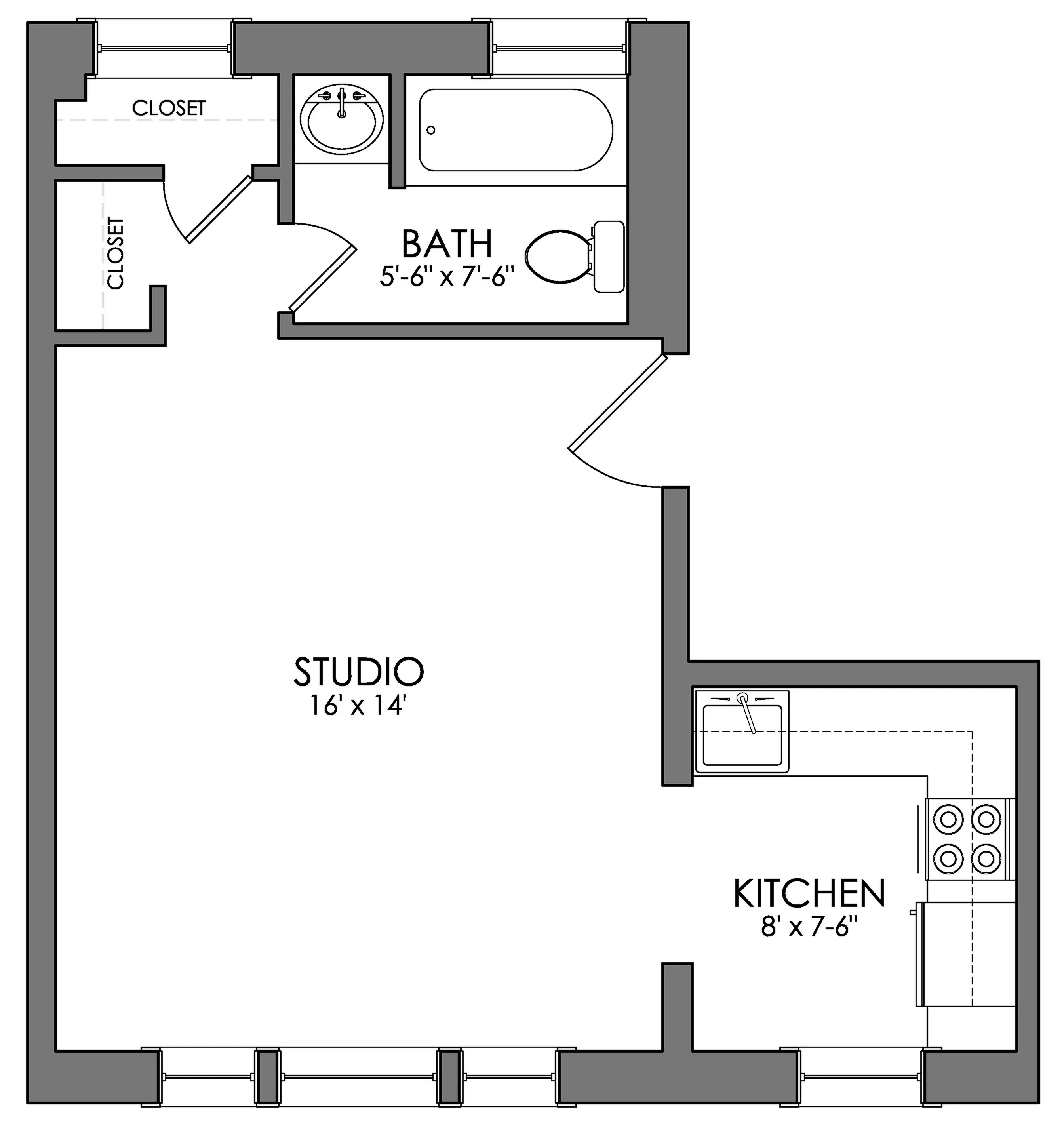 Chic studio floor plan with a spacious 16x14 living area, modern 8x7.5 kitchen, and convenient bathroom with ample closet space.
