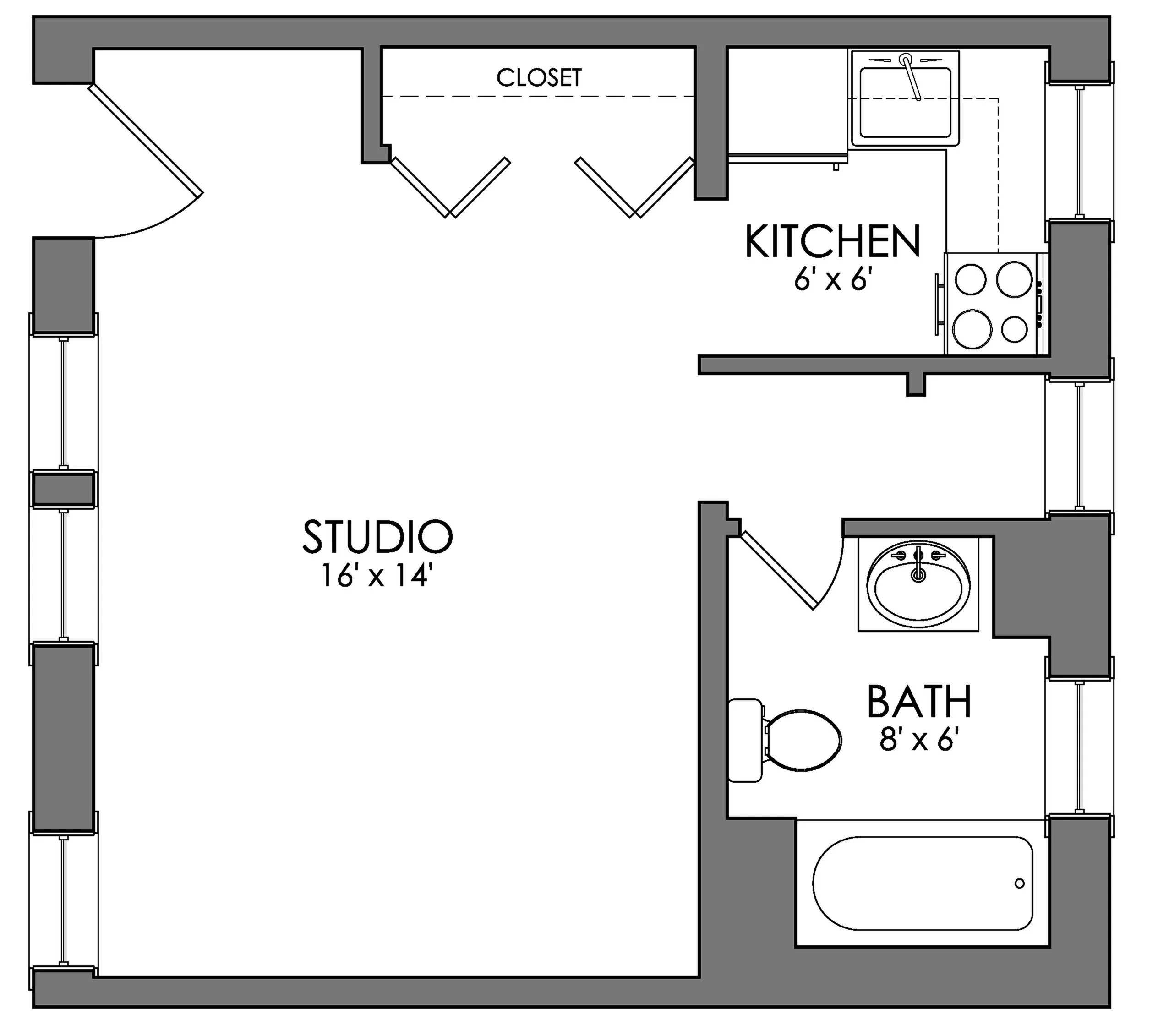 Efficient studio apartment floor plan with a spacious 16' x 14' living area, compact 6' x 6' kitchen, and convenient 8' x 6' bath.
