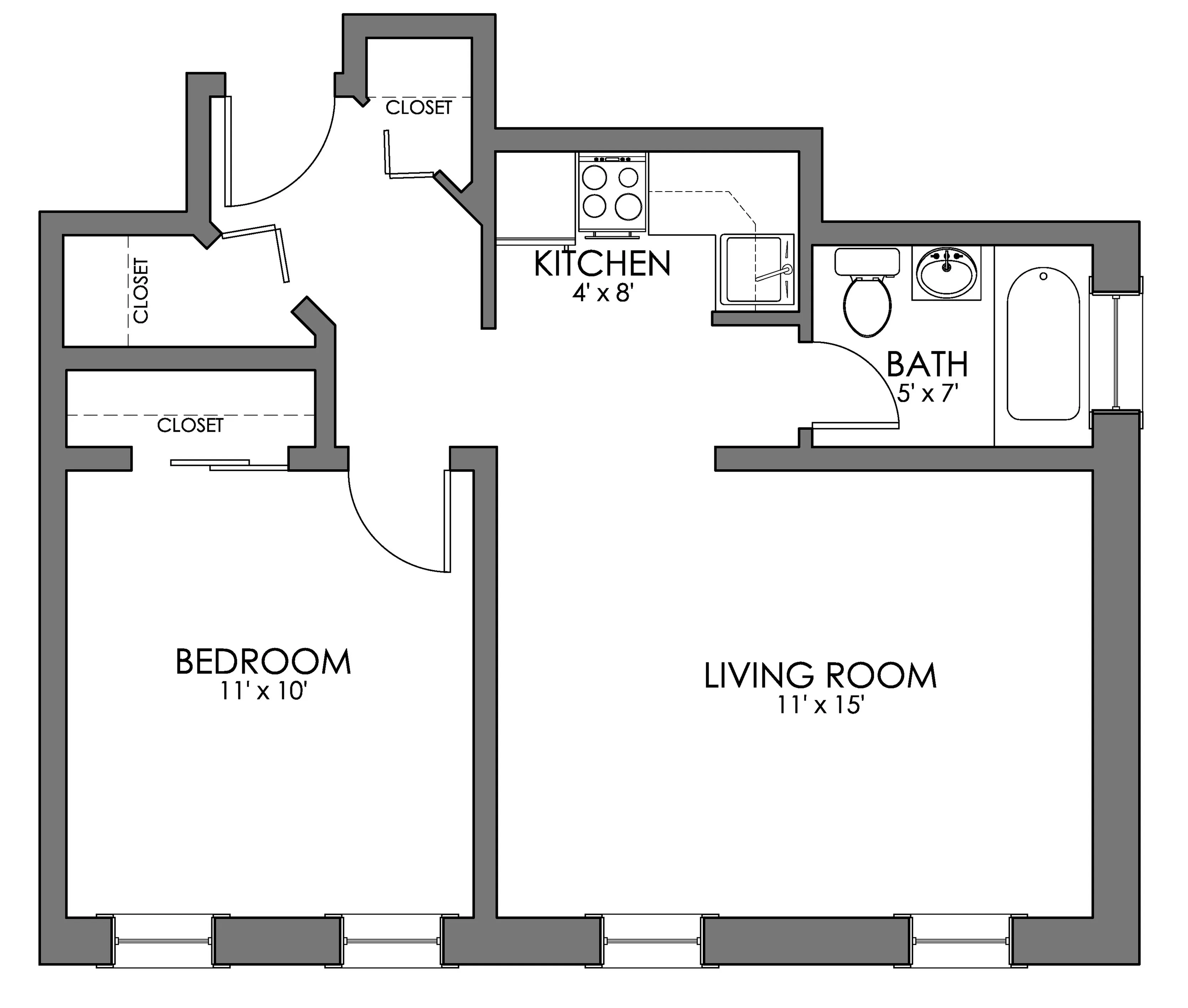 Chic floor plan showcasing a cozy 1-bedroom layout with a spacious living room, compact kitchen, and modern bathroom, perfect for urban living.
