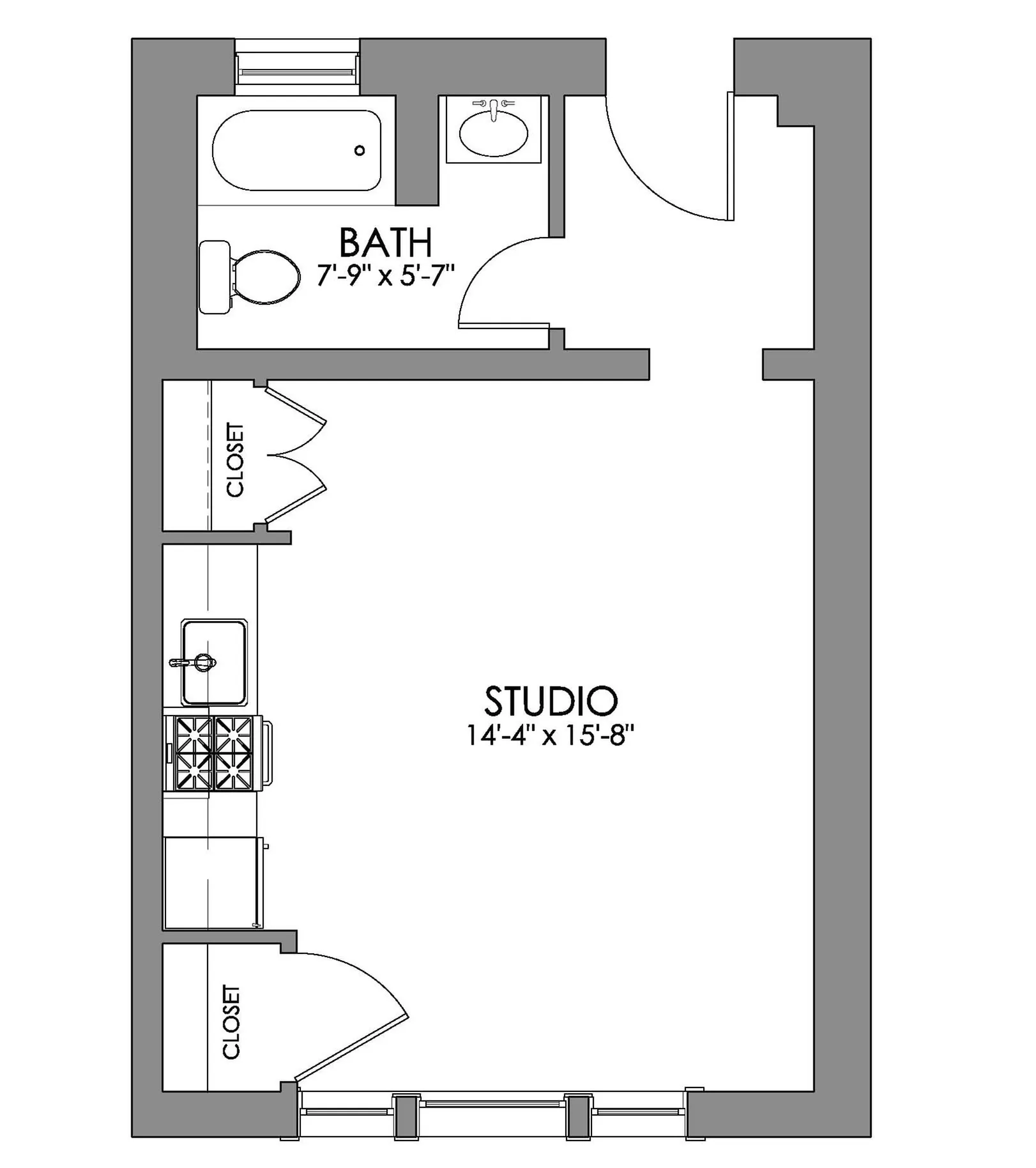 Chic studio apartment floor plan with a spacious open area, cozy bathroom, and convenient closets.