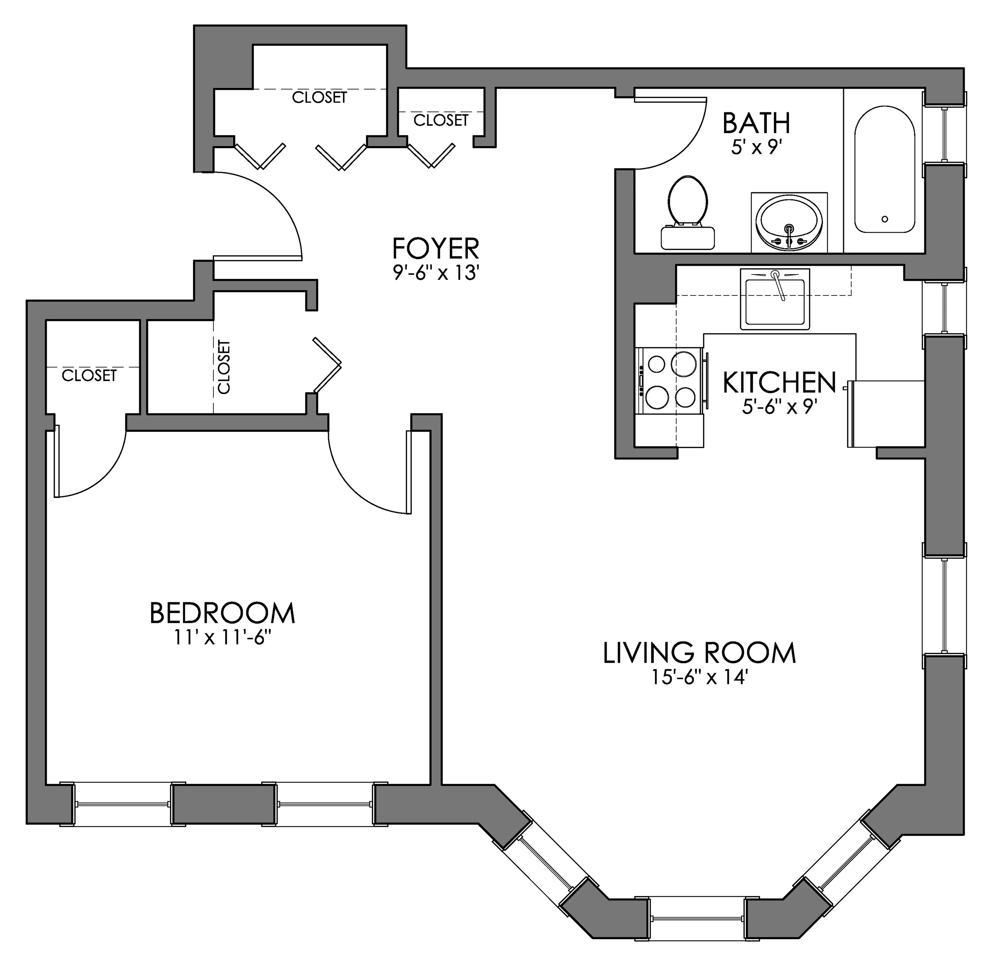 Chic floor plan featuring a spacious bedroom, modern kitchen, cozy living room, and elegant bath, perfect for stylish urban living.