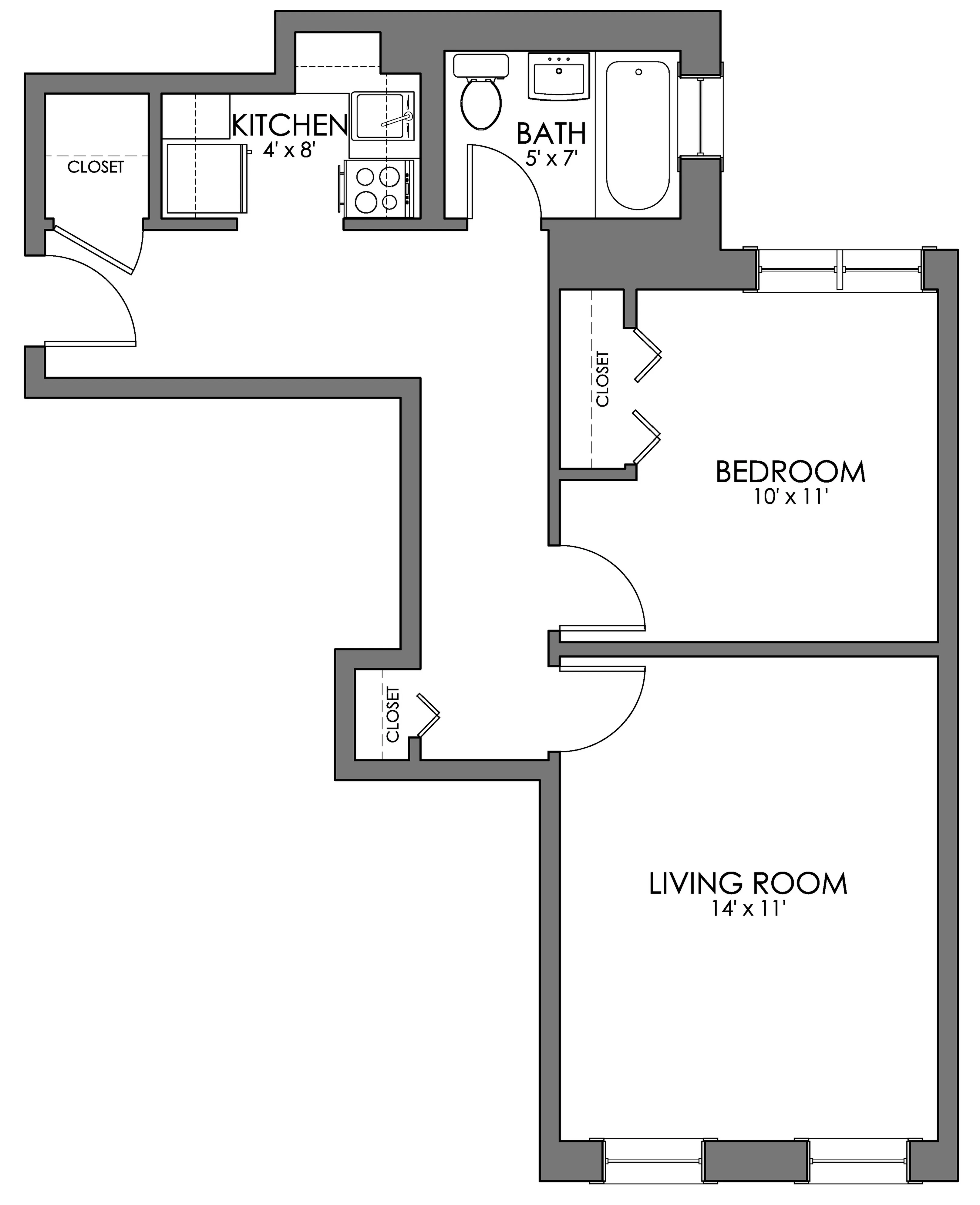 Inviting floor plan featuring 1 bedroom, spacious living room, functional kitchen, and modern bath design.